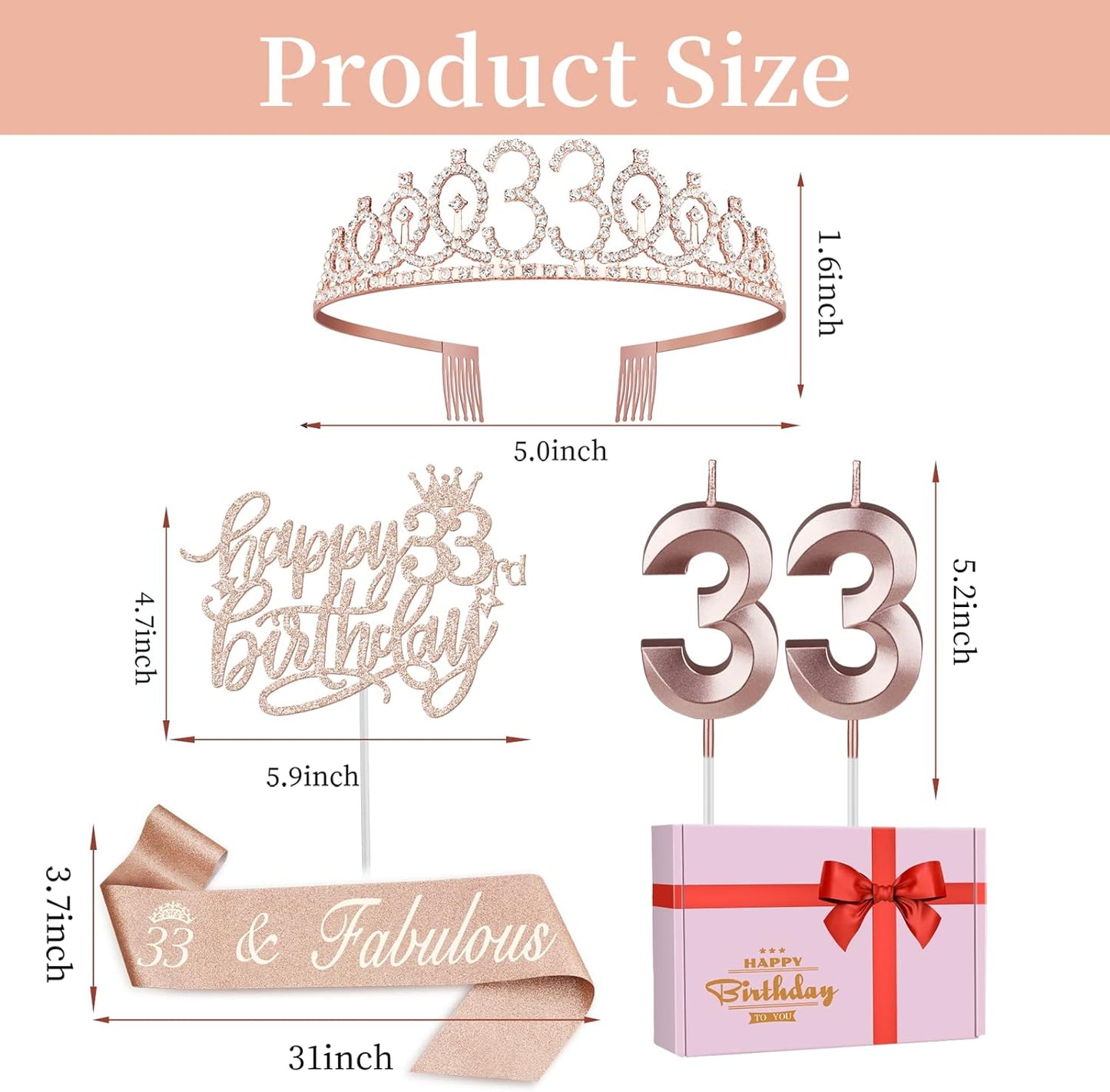 33 Birthday Decorations for Women Including Birthday Sash, Tiara/Crown, Numeral Candles and Cake Topper, 33 Year Old Gifts for Women, Rose Gold Party Decor Supplies