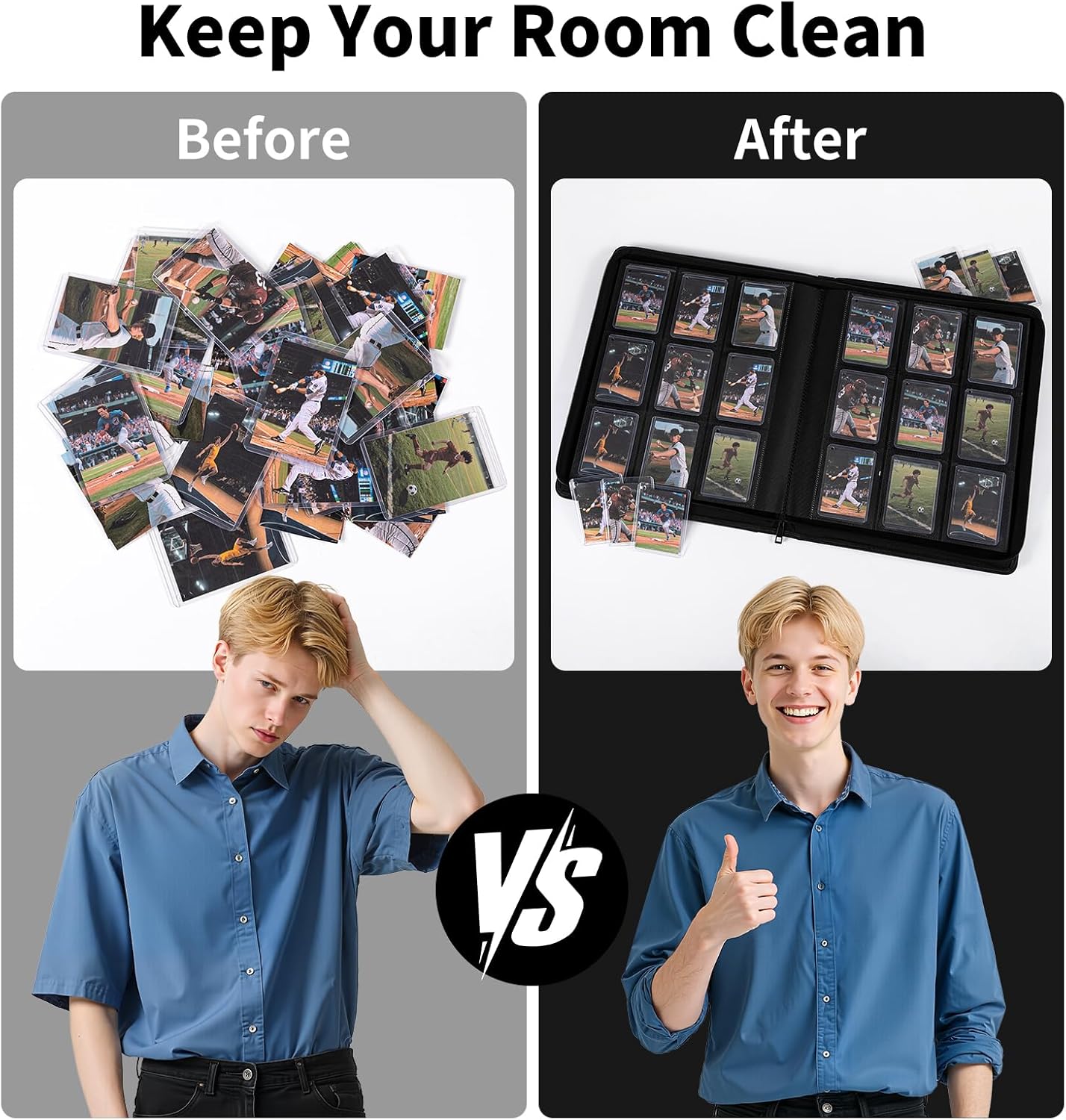 9-Pocket Toploader Binder, Baseball Football Sports Game Cards for 3"x4" Rigid Toploaders Trading Card Collection Album Holds 288 Cards Waterproof Storage Book Easy to Insert(Grey)