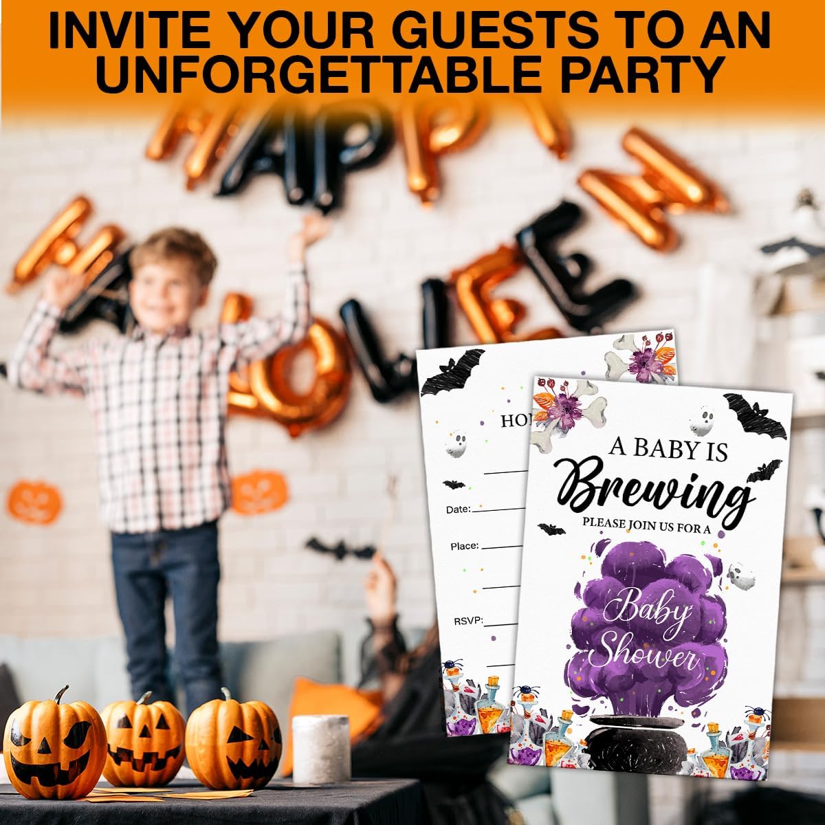Halloween Baby Shower Party Invitations, a Baby Is Brewing Baby Shower Wizard Brewing Halloween Party Fill in Invites Cards With Envelopes (20 Count), Double Sided Design