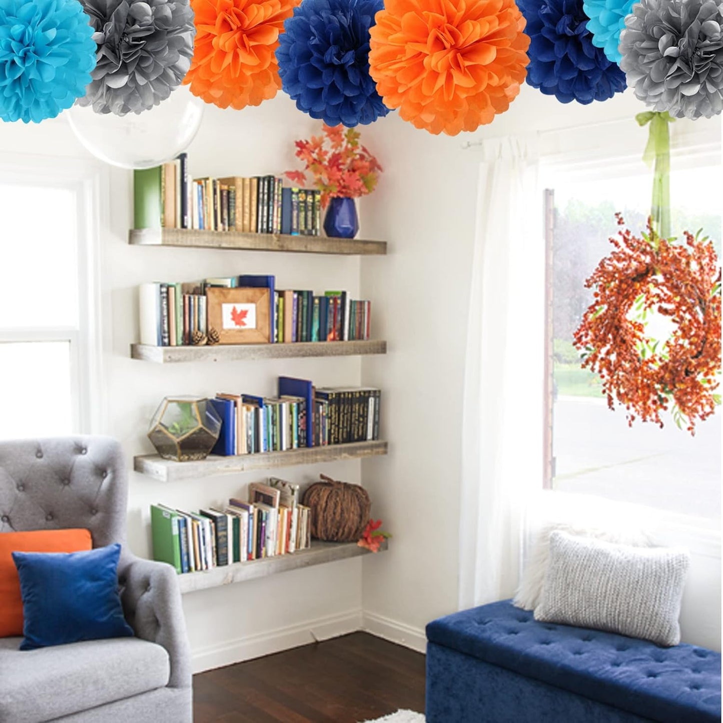 Blue-Silver Orange Space Party-Decorations Streamers-Garland - 30pcs Graduation 2025 Tissue Pom Poms,Tassel Banner Backdrop Birthday Boy Baby Shower Decor Bunting Lasting Surprise