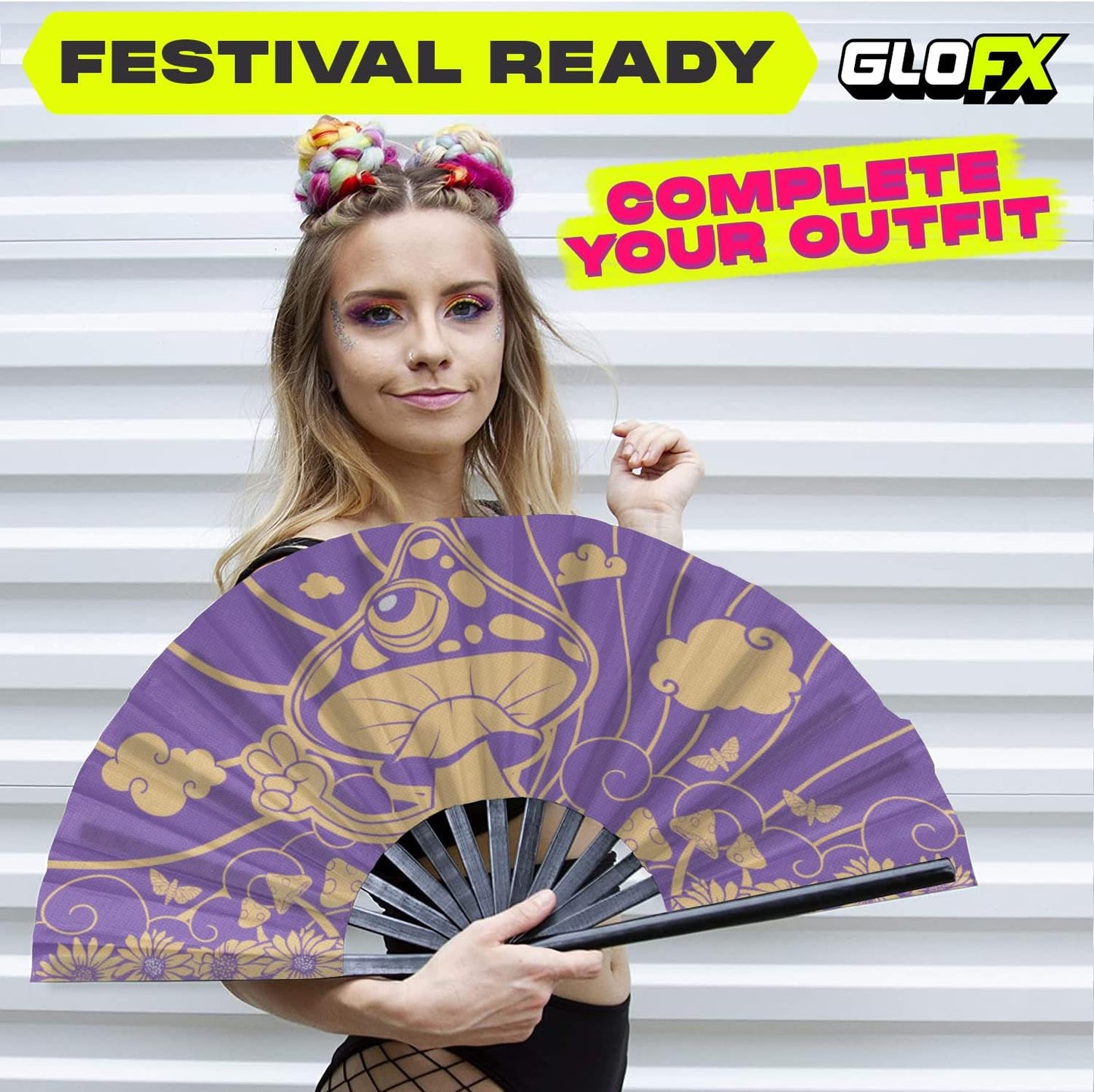 GloFX Rave Fan - Groovy Mushroom - Large Folding Fan - Music Festival Essential, EDM Rave Accessories, Folding Hand Fan, Clack Fan