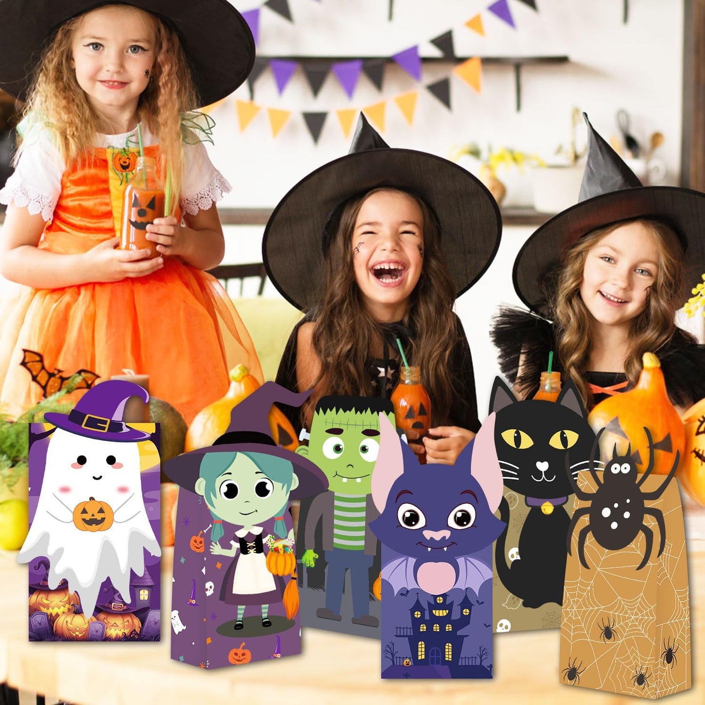 Tikitup Halloween Treat Bags-24pcs Trick or Treat Goody Bags with 24pcs Stickers,Mini Paper Gift Bags for Treats Snacks, Goodie Bags Party Supplies, Holiday Pastries Supplies