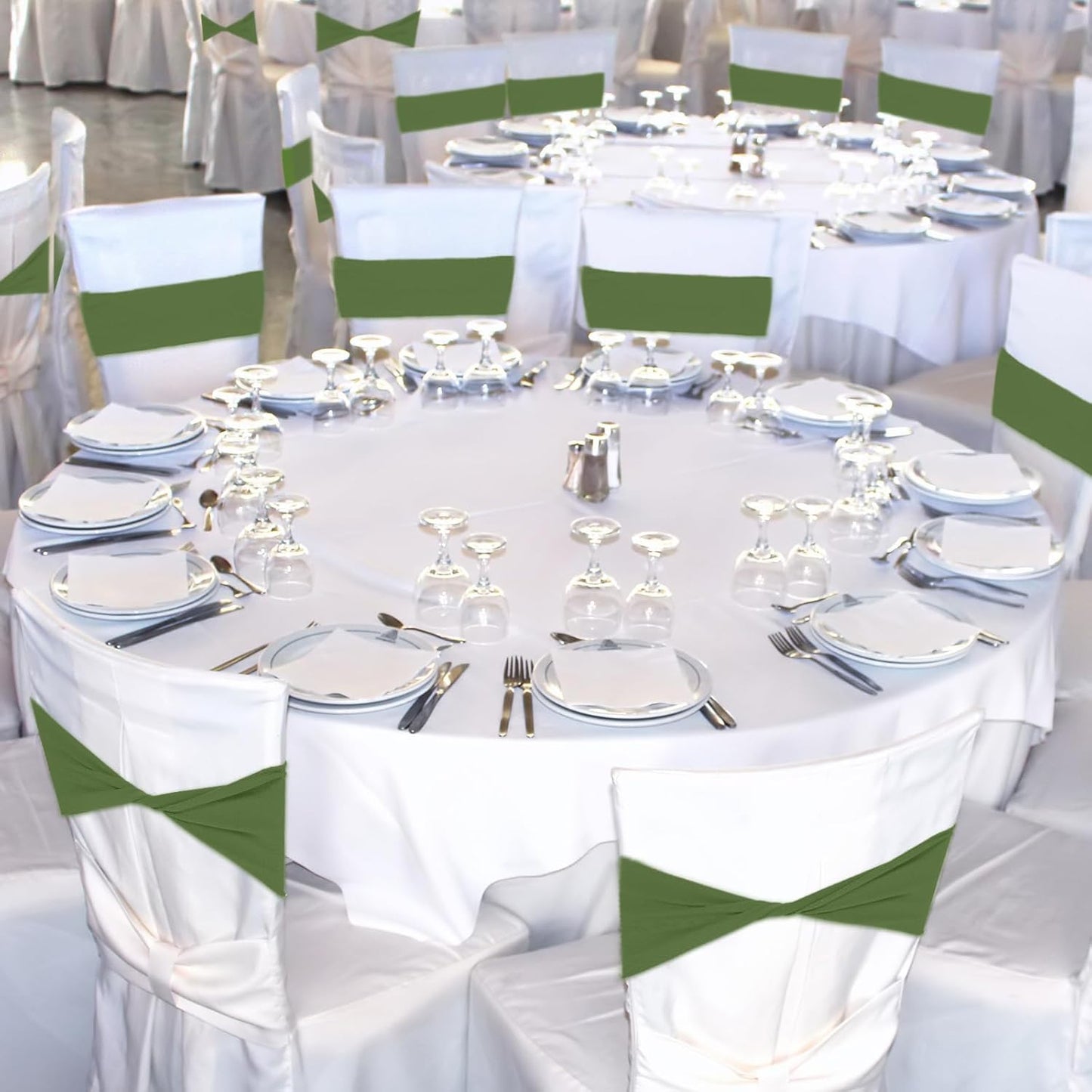 Kinlop 50 Pcs Spandex Chair Sashes Bows Chair Bands Slider Sashes for Covers Elastic Bands Ties Without Buckle Decorations for Wedding Party Events Ceremony Birthday (Moss Green)