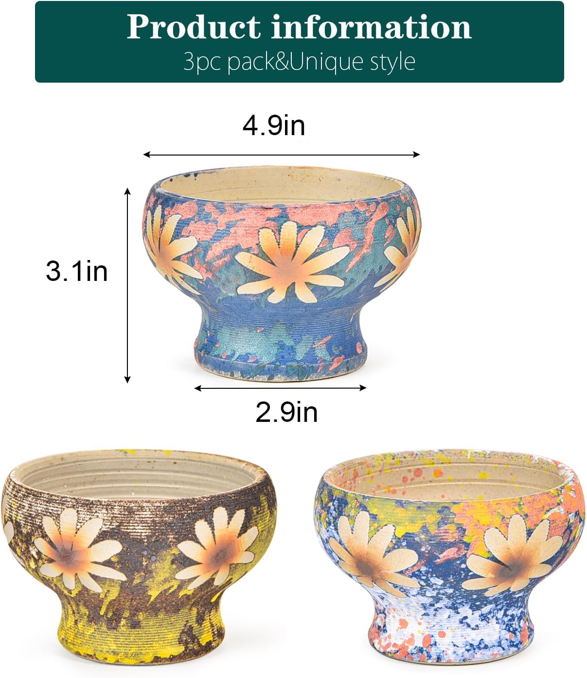 Sungmor Small Succulent Planters Set of 3, Beautiful Hand Crafted Ceramic Plant Pots Cute Cactus Pot, 4.9 Inch Flower Pots for Indoor Plants with Drainage, Desktop Windowsill Home Office Decor Pots