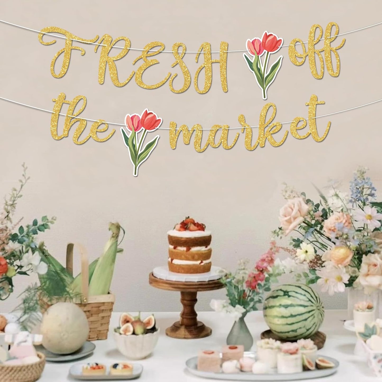 Fresh Off The Market Bridal Shower Banner, Gold Glitter Farmers Market Floral Theme Wedding Banner for Bachelorette Wedding Engagement Party Decorations Supplies, No DIY.