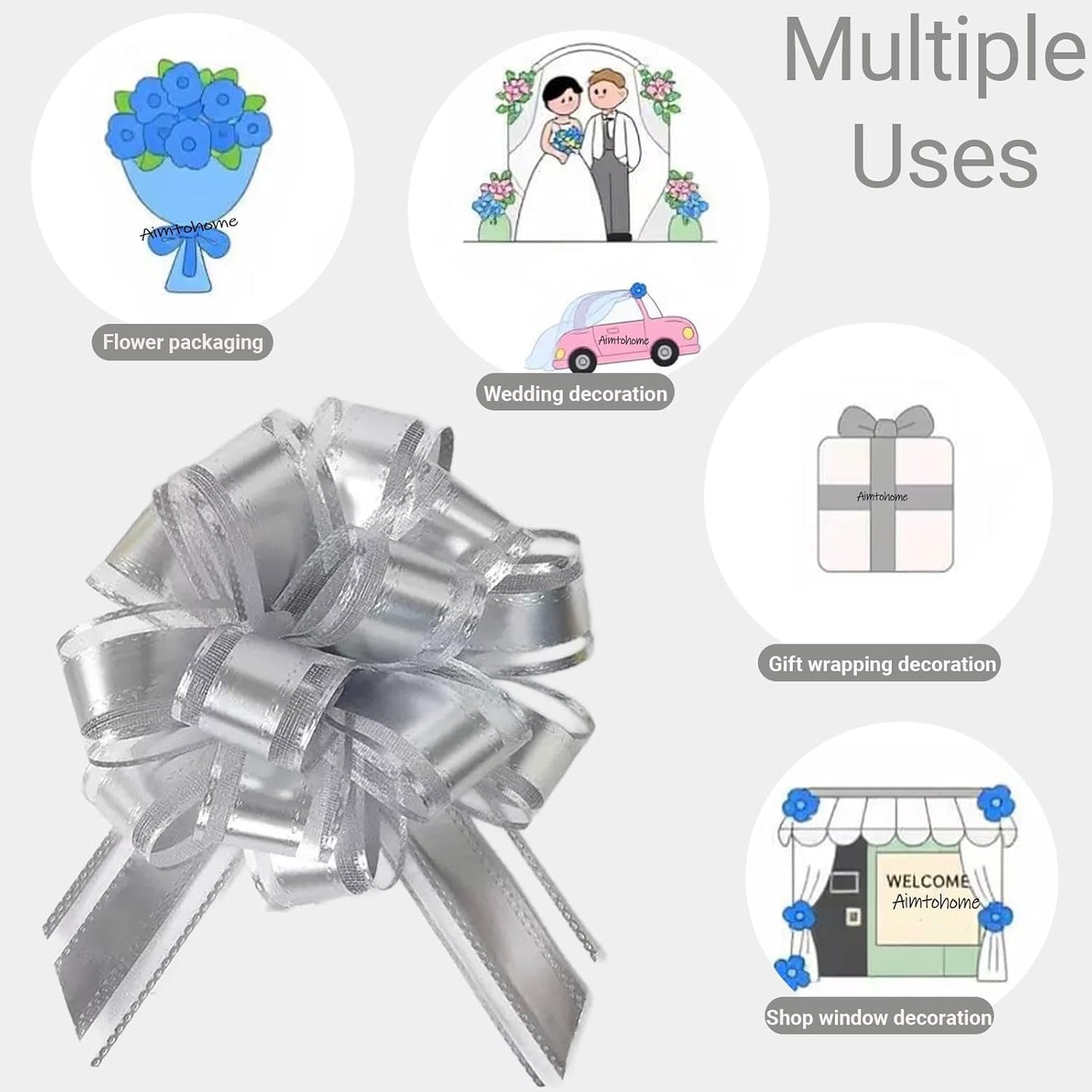 Small Pull Bows, 10 PCS 4 Inch Silver Gift Bows for Wrapping,Basket, Wedding,Birthday Party,Flower Bouquet Decoration