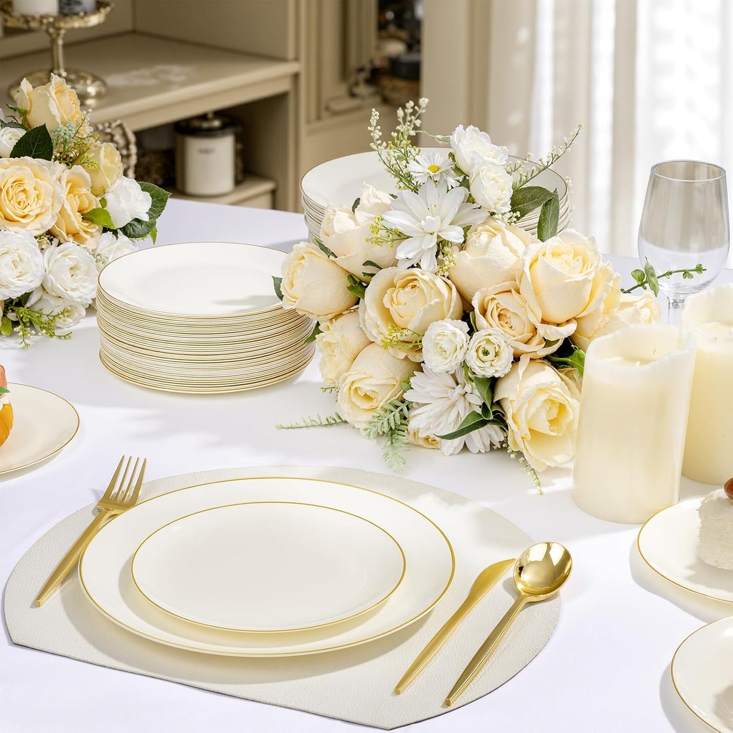 bUCLA 200PCS Ivory Plastic Plates with Gold Rim - Heavy Duty Cream Disposable Include 100 Dinner 10 inch & 100 Dessert 7 inch Plates, Ideal for Party & Thanksgiving