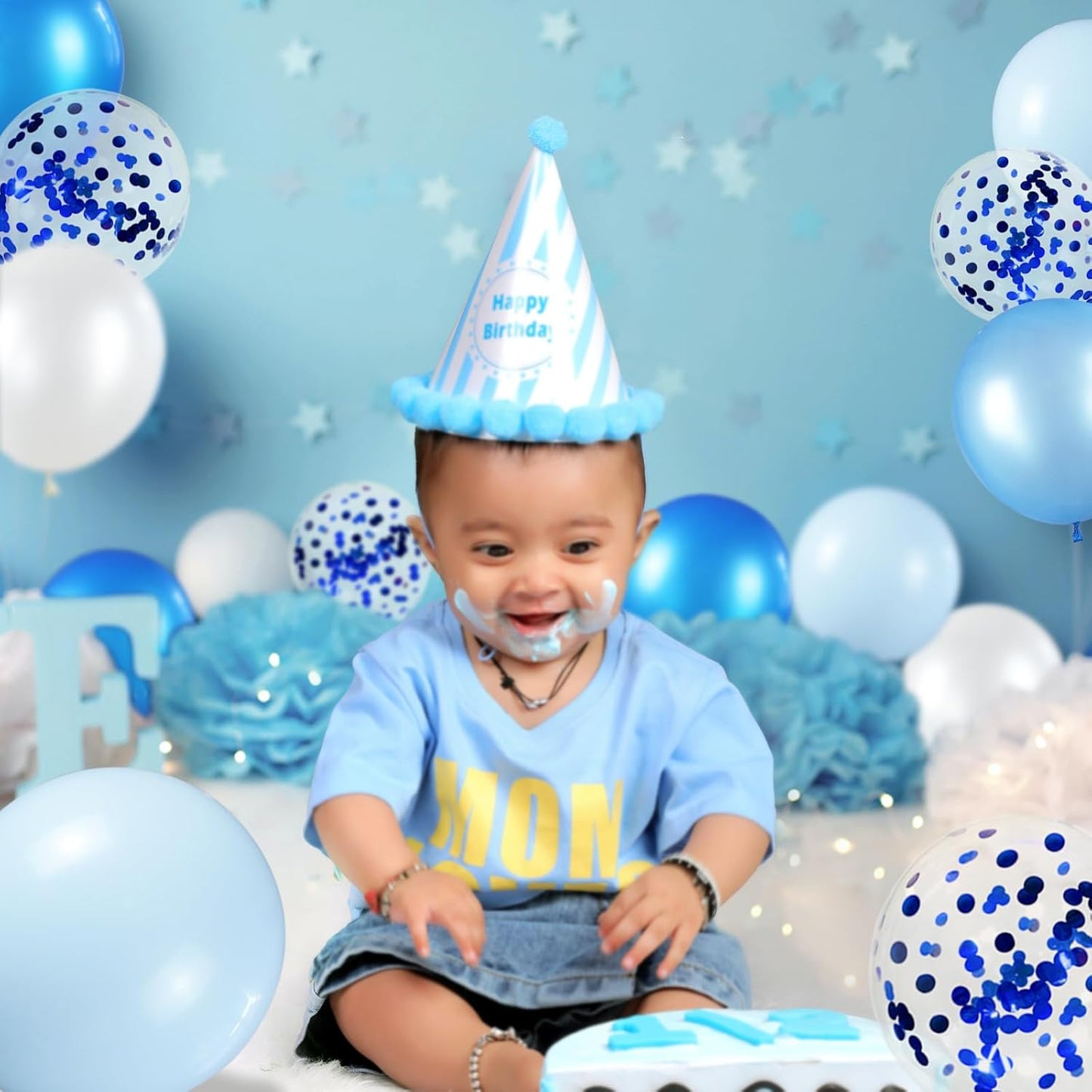 68Pcs Blue and White Balloons Kit 12 Inch, Blue Confetti Balloons Light Blue Baby Blue Pearl White Party Balloons with Ribbons for Birthday, Wedding, Baby Shower, Graduation Decorations