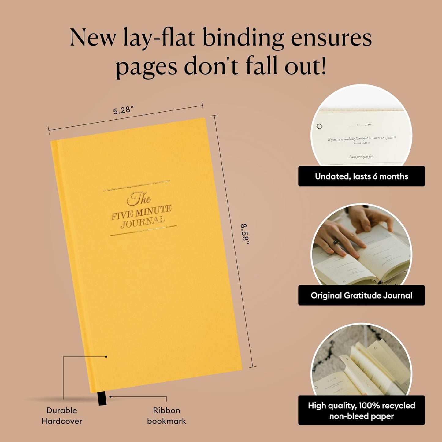 Intelligent Change The Five Minute Journal, Original Daily Gratitude Journal 2025, Manifestation Journal for Mindfulness, Undated Daily Journal with Gold Foiling, Plastic-Free, Yellow