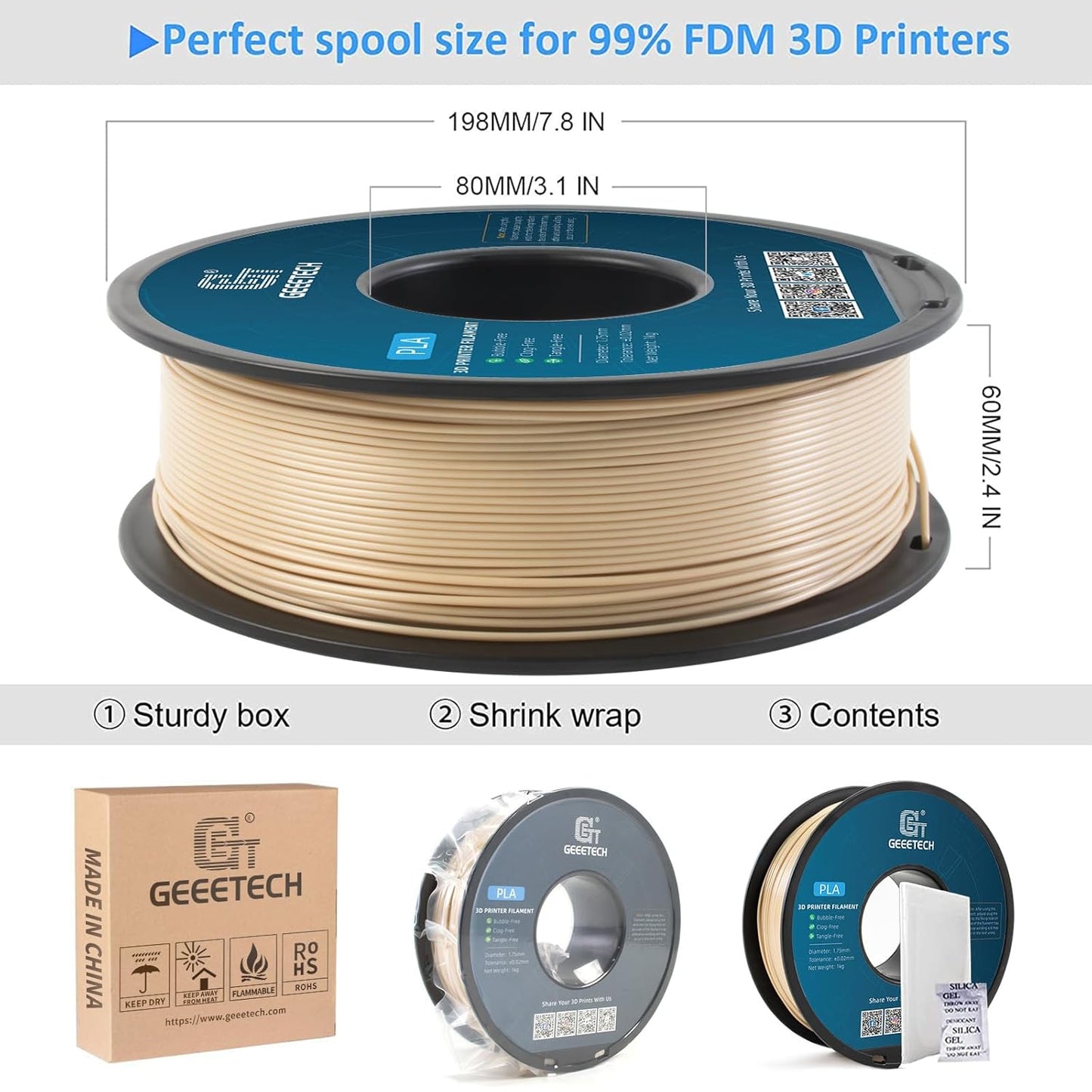 Geeetech PLA Filament 1.75mm Bone White 3D Printer Filament 1kg(2.2lbs), Neatly Wound Bone PLA Filament, Dimensional Accuracy +/- 0.02 mm, Fit Most FDM 3D Printers