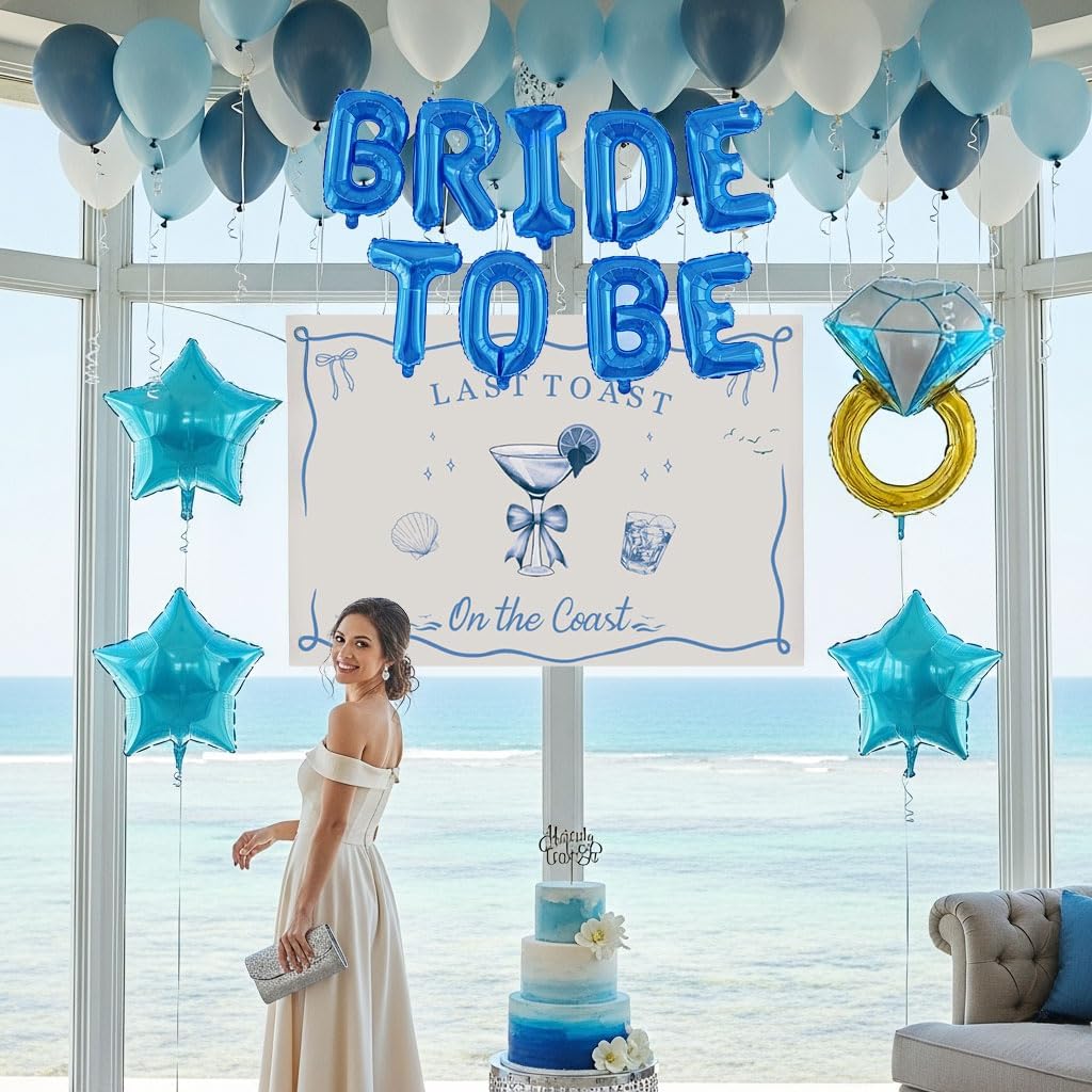 Last Toast on the Coast Bachelorette Decorations Blue bridal shower Blue Balloon Garland Kit with Backdrop BRIDE TO BE letter Diamond Ring balloons for Hen Party Wedding Engagement supplies