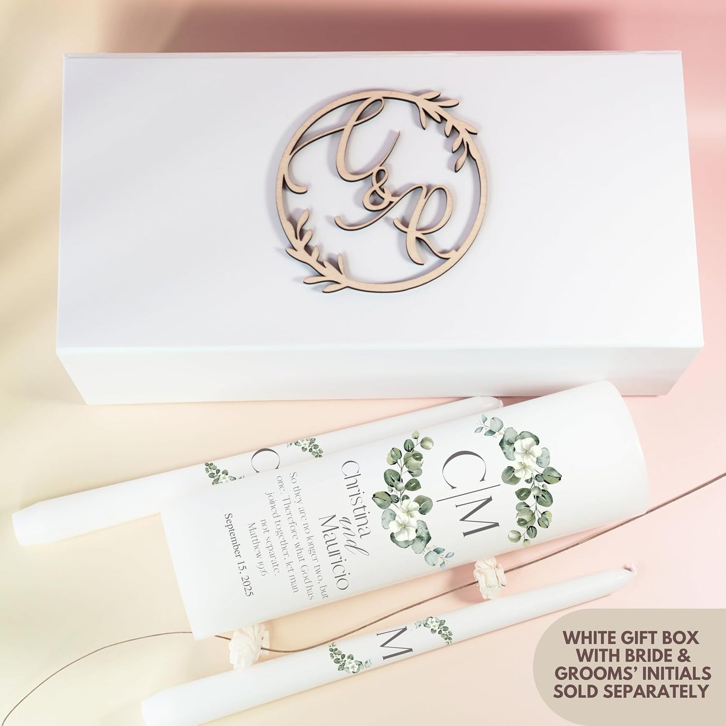 Unity Candles for Wedding, Modern Unity Set, Custom and Personalized Pillar and Taper Candles with Bible Quote, Unscented White Premium Wax, Religious and Wedding Ceremony, Special Events (Greenie)