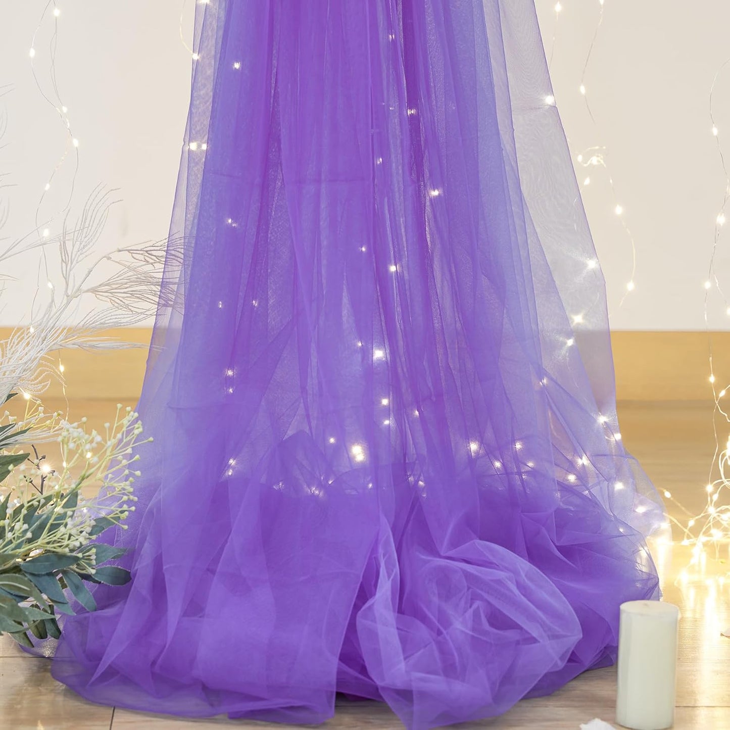 Purple Backdrop Curtains with Lights String for Wedding Birthday Party 10ft×10ft Sheer Tulle Backdrop Curtain for Bridal Shower Baby Shower Photo Shoot Background Wall Decorations 2 Panels 5×10ft