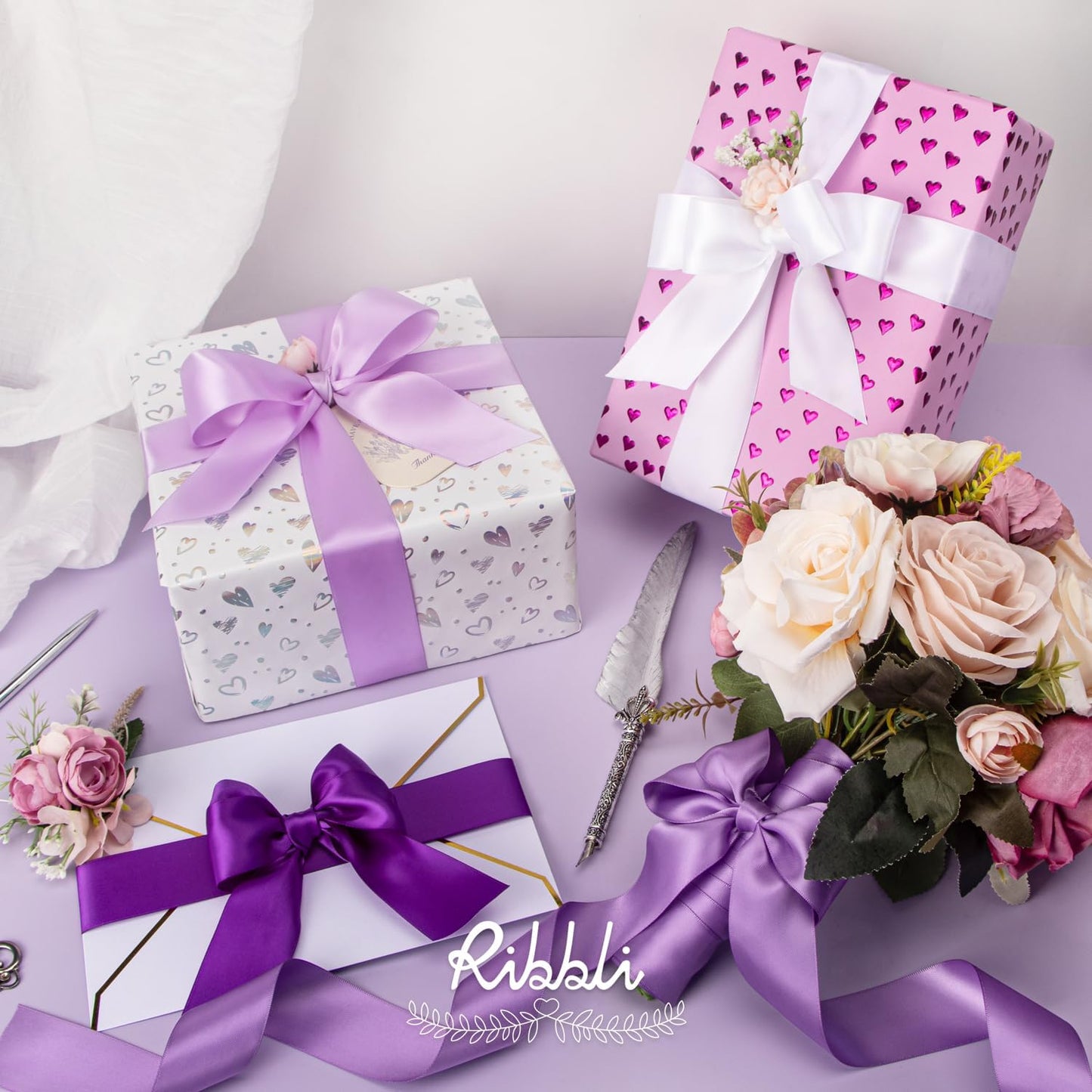 Ribbli Purple Satin Ribbon 1-1/2 Inch x 4 Rolls Total 40 Yards-White Lavender Purple Ribbon for Gift Wrapping Craft Wedding Decoration