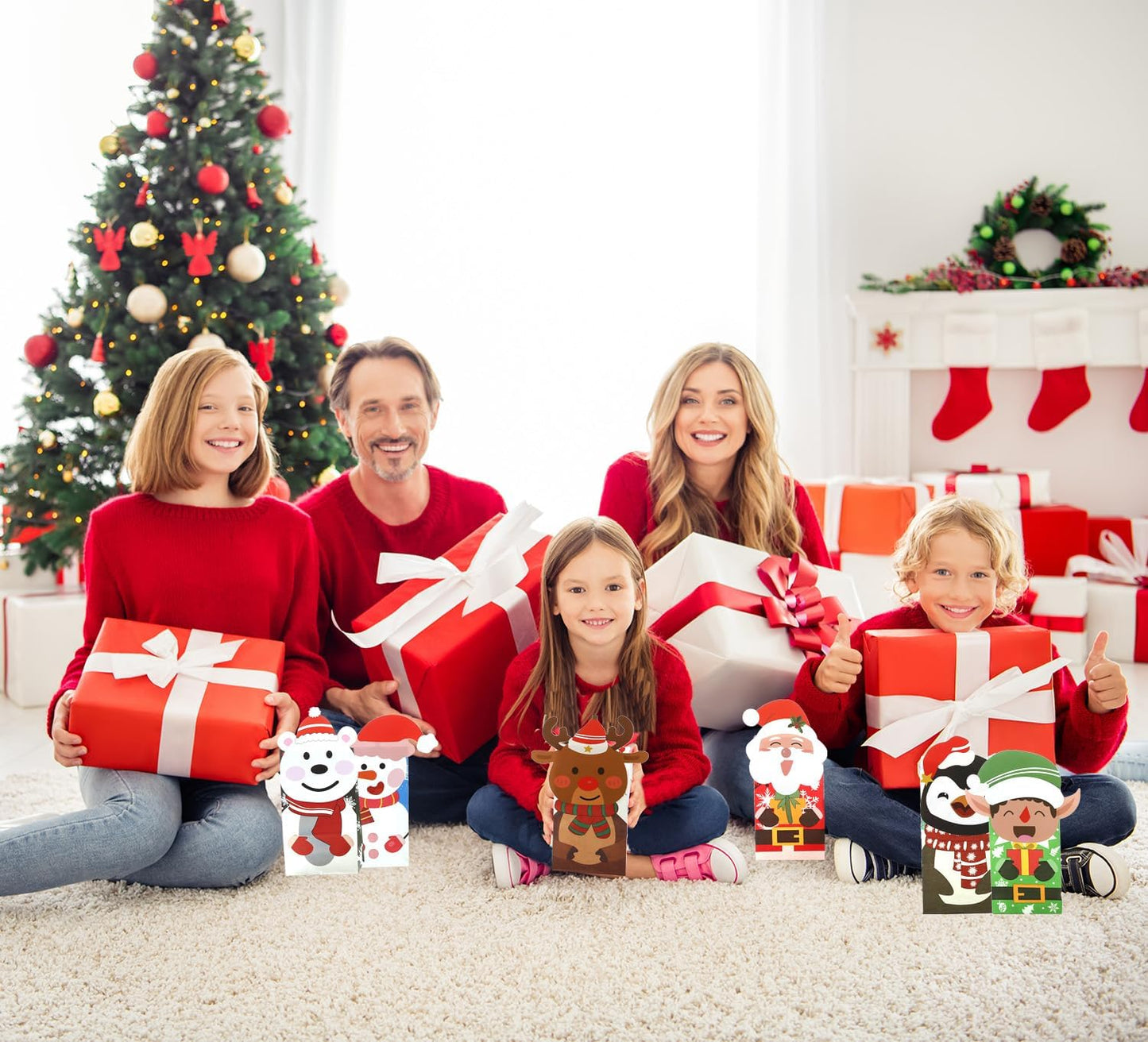 Tikitup 24PCS Christmas Treat Bags,24PcS Christmas Stickers,Xmas Cookies Wrapping Gift for Classrooms Holiday Party Supplies