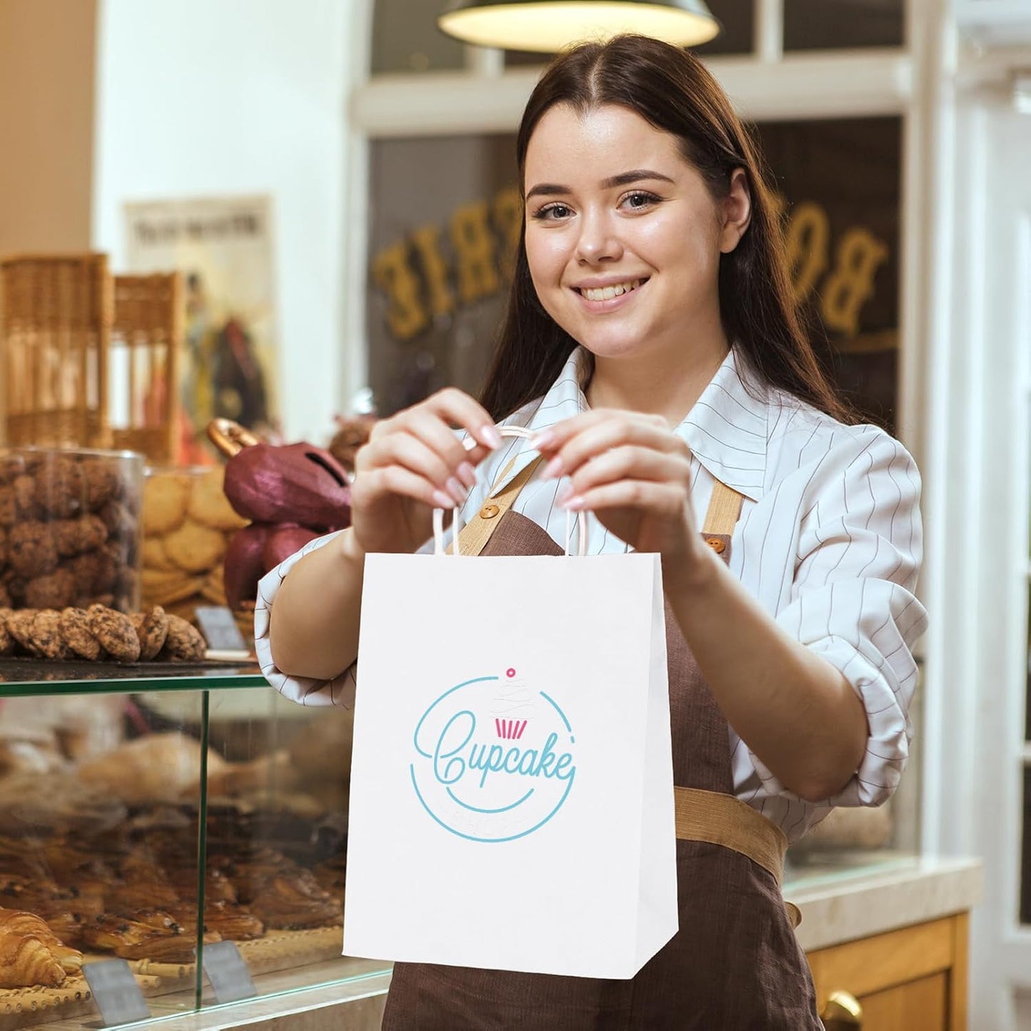 MESHA 100 Pack White Gift Bags 8x4.25x10.5 Inch Kraft Paper Bags with Handles Bulk Craft Bag Medium Size for Wending Birthday Party Favor Retail Merchandise Bag