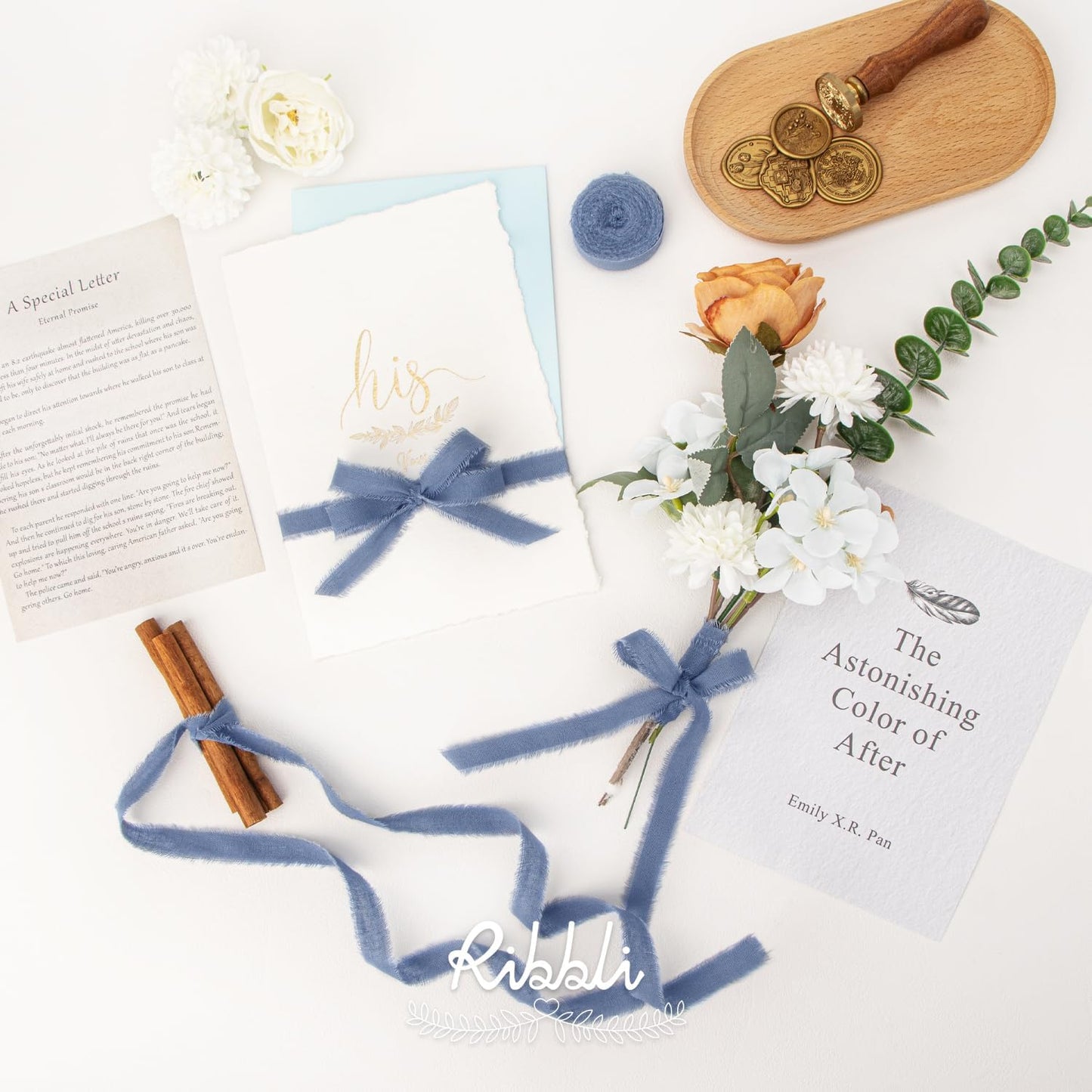 Ribbli 3 Rolls Dusty Blue Ribbon 5/8 Inch x 18Yards Handmade Cotton Frayed Fringe Ribbons for Gift Wrapping Wedding Invites Bridal Bouquets Baby Shower DIY Crafts Home Decor