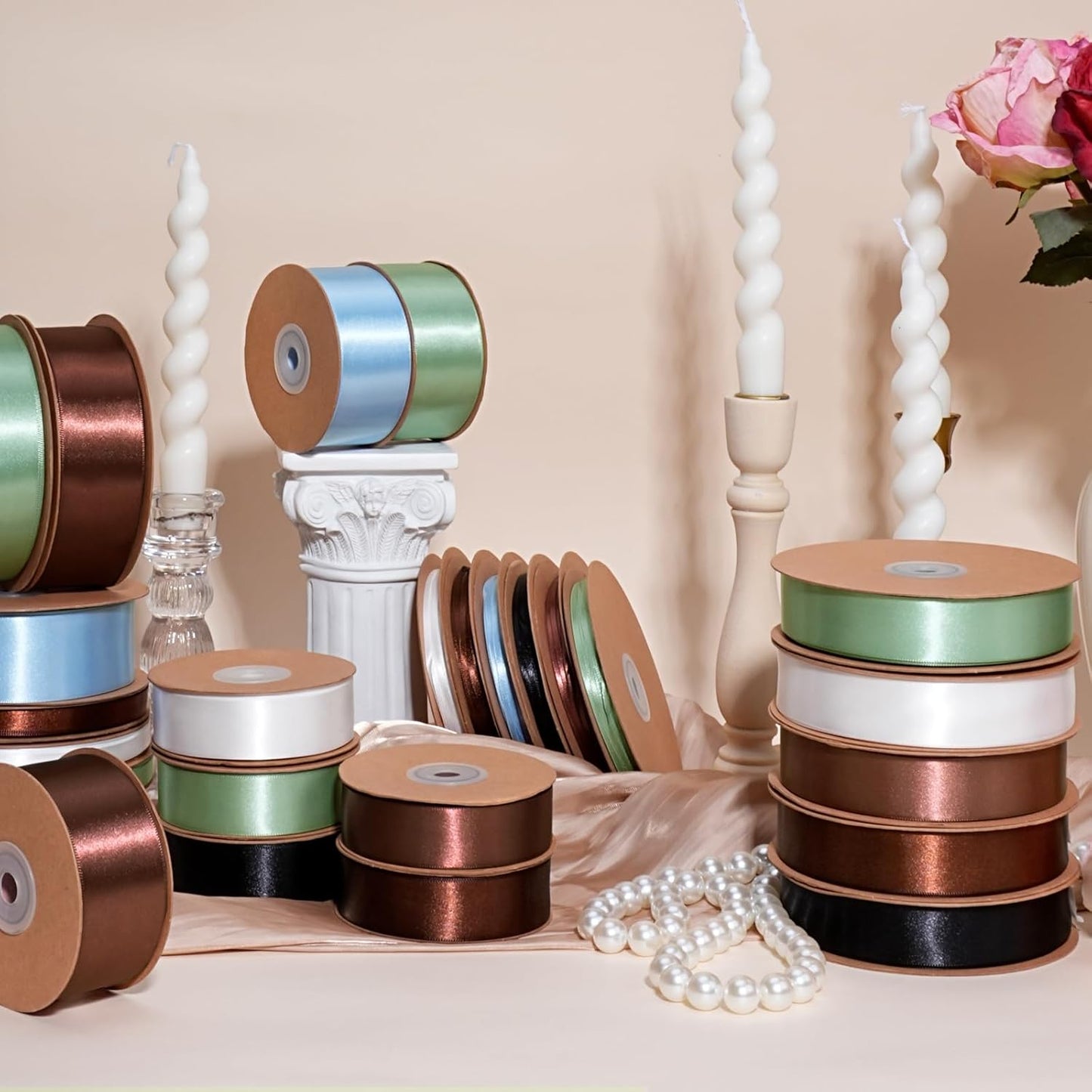 LaRibbons White Ribbon 1 Inch 25 Yards Luxury Double Faced White Silk Ribbon for Flower Bouquet Crafts Gift Wrapping Wedding Party Decoration