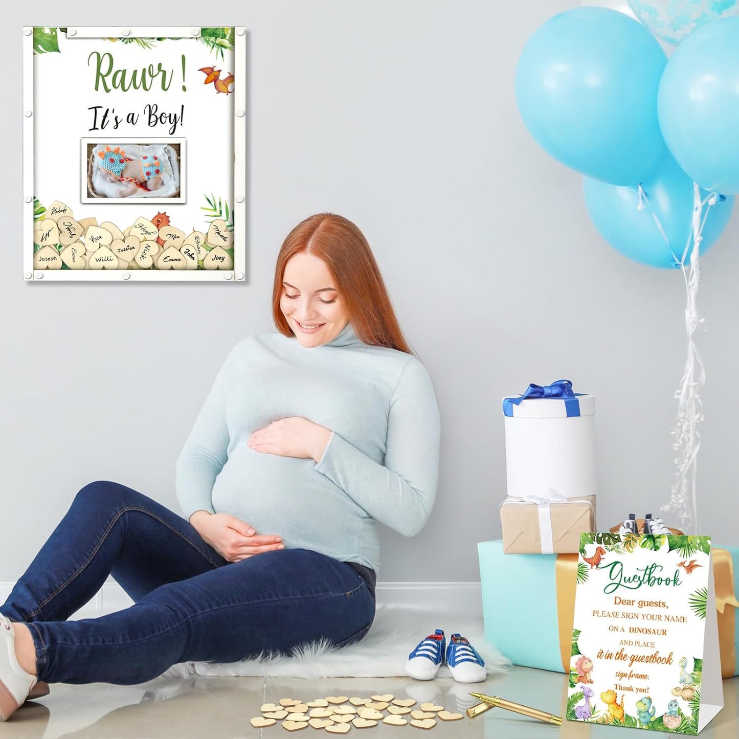 65 Pcs Dinosaur Baby Shower Guest Book Alternatives He or She Gender Reveal Baby Shower Decorations Sign in Guest Book with Picture Frame and 60 Wooden Chip