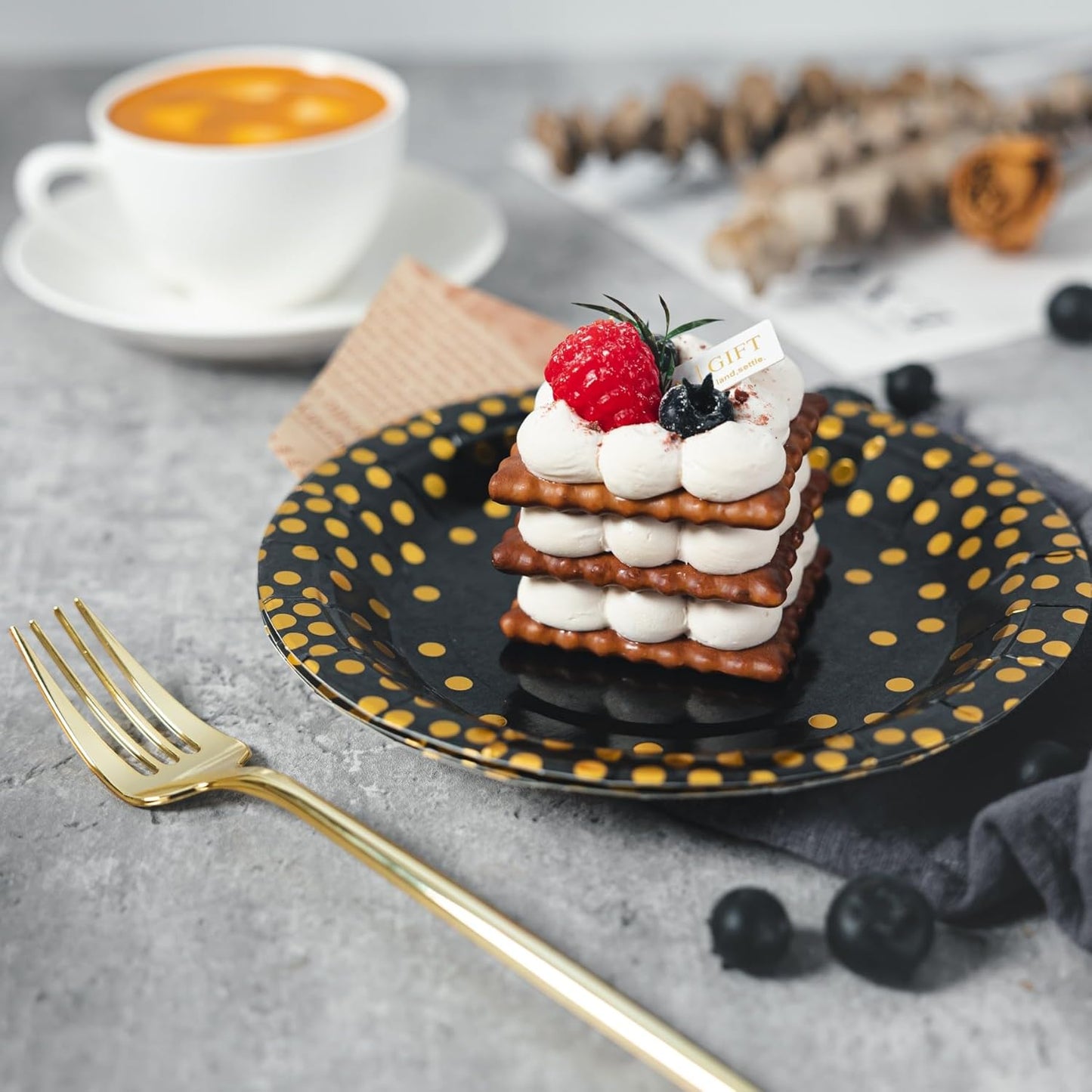 Lullaby 120PCS Black Paper Plates, Black and Gold Paper Plate, 60pcs Dinner Plates 9",60pcs Dessert Plates 7", Disposable Graduation Plates with Golden Dot for Birthday party, Halloween