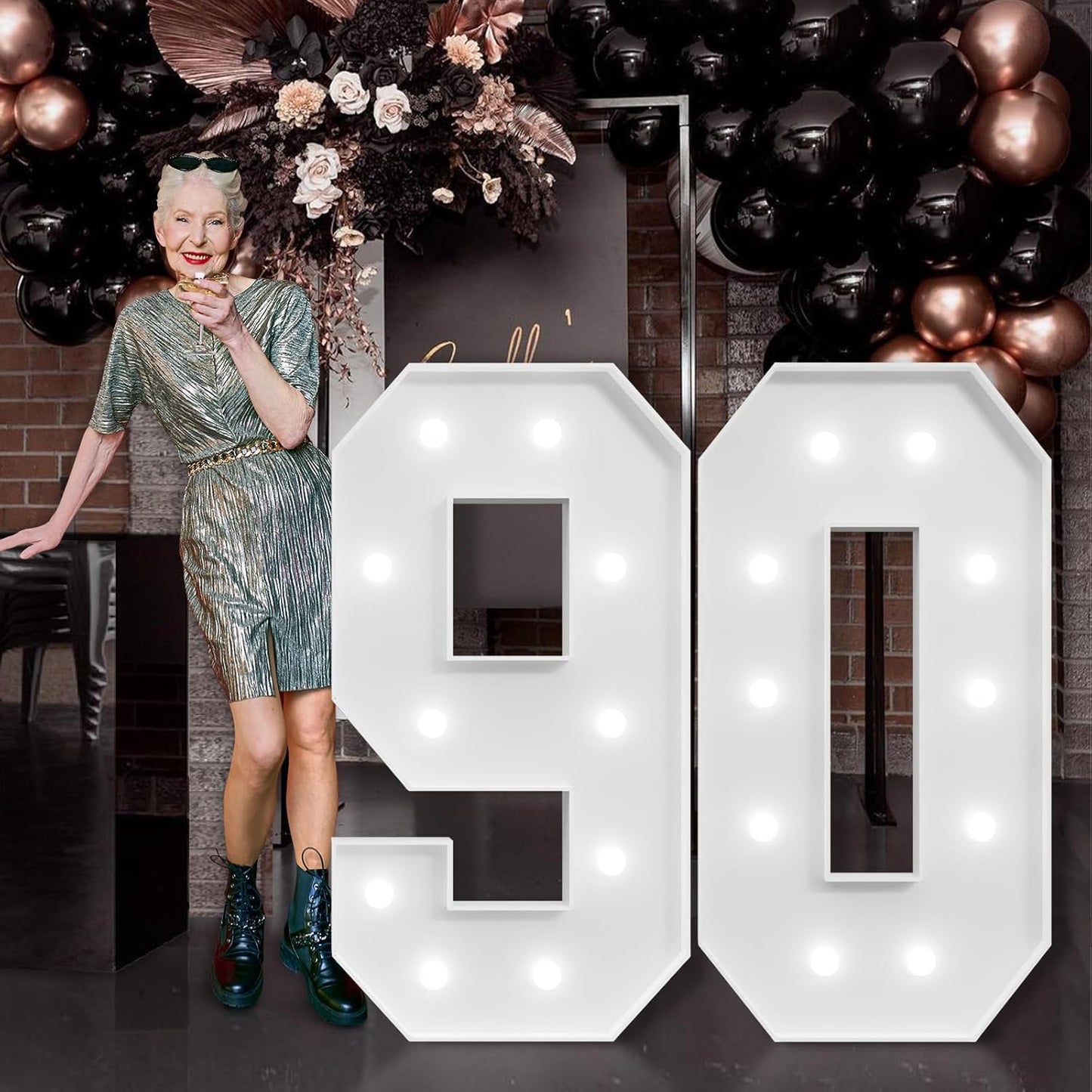 imprsv Marquee Numbers Large 90th-Birthday Decorations: 4ft Light Up Number Party Decor 90 Year Old Women and Men Birthday Decoration Backdrop Anniversary Cardboard Big Mosaic Balloon Frame Number 90
