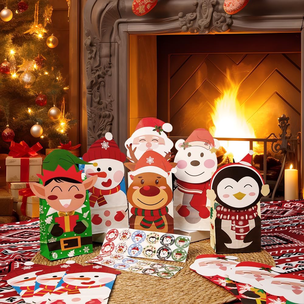 24PCS Christmas Treat Bags, 24PCS Christmas Stickers, Xmas Cookies Wrapping Gift for Classrooms Holiday Party Supplies