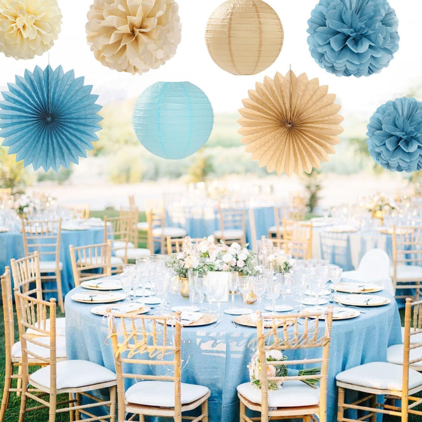 Light-Dusty Blue Beige-Champagne Bridal-Shower Party-Decorations - 31pcs Bride To Be Banner,Boho Neutral Bachelorette Paper Lanterns,Wedding Garland,Tissue Pom Poms Flower Fan Decor Supplies Burgleda