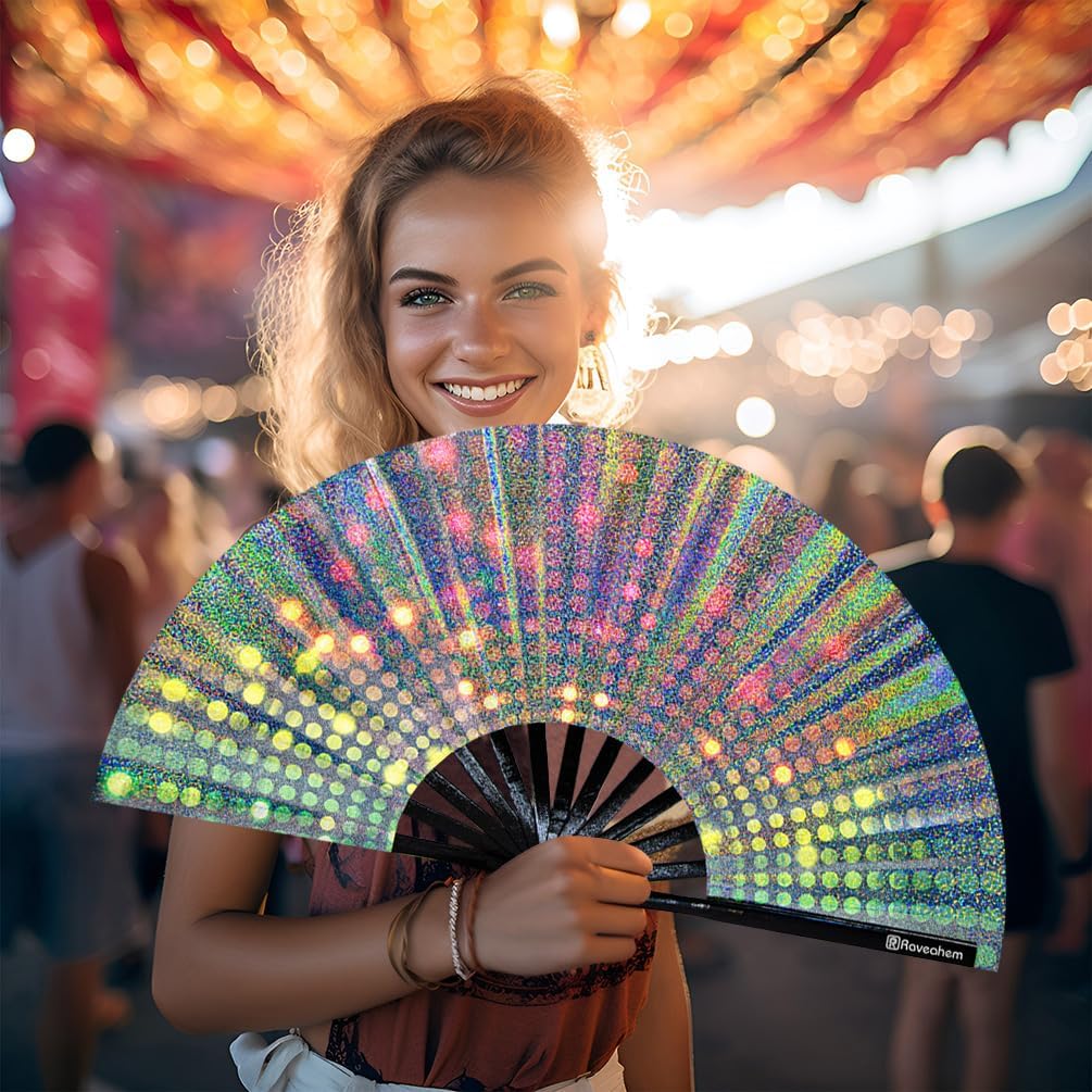 Large Rave Fan, Clack Folding Hand Fan with Premium Fabric, Thick Bamboo Frame for Men Women Gift for EDM, Festival, Club, Party, Dance, Decoration (Lridescent Light, 13")