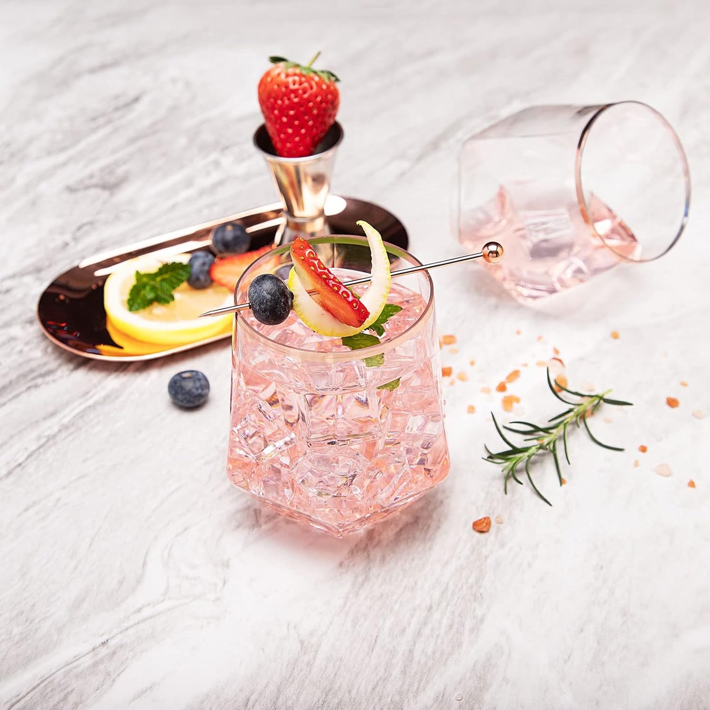 LUODA Rose Gold Diamond Shaped Plastic Stemless Wine Glasses Set of 24, Disposable 12 Oz Rose Gold Plastic Whiskey Glasses for Birthday, Housewarming and Weddings