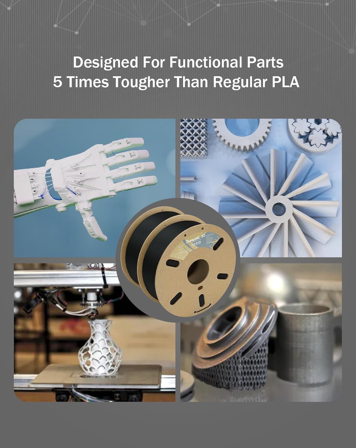 DURAMIC 3D PLA+ Filament 1.75mm 2Kg Black, PLA Plus Filament 2 Pack 1kg Spool(2.2lbs) Tougher and Stronger, Dimensional Accuracy Probability +/- 0.02mm