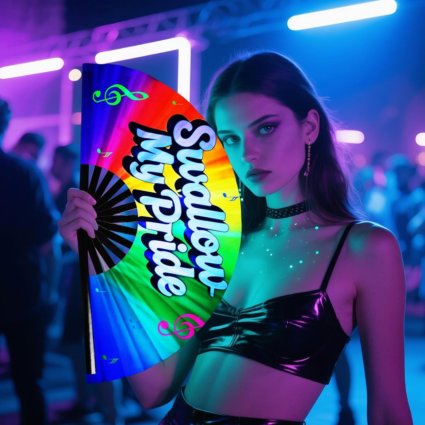 SYNTECSO Folding Hand Fan for Rave, Popping Fan for Line Dancing, Drag Queen, Women and Men Gift,Chinese Japanese UV Glow Clack Fan for Parties, Music Festivals, EDM and Decoration