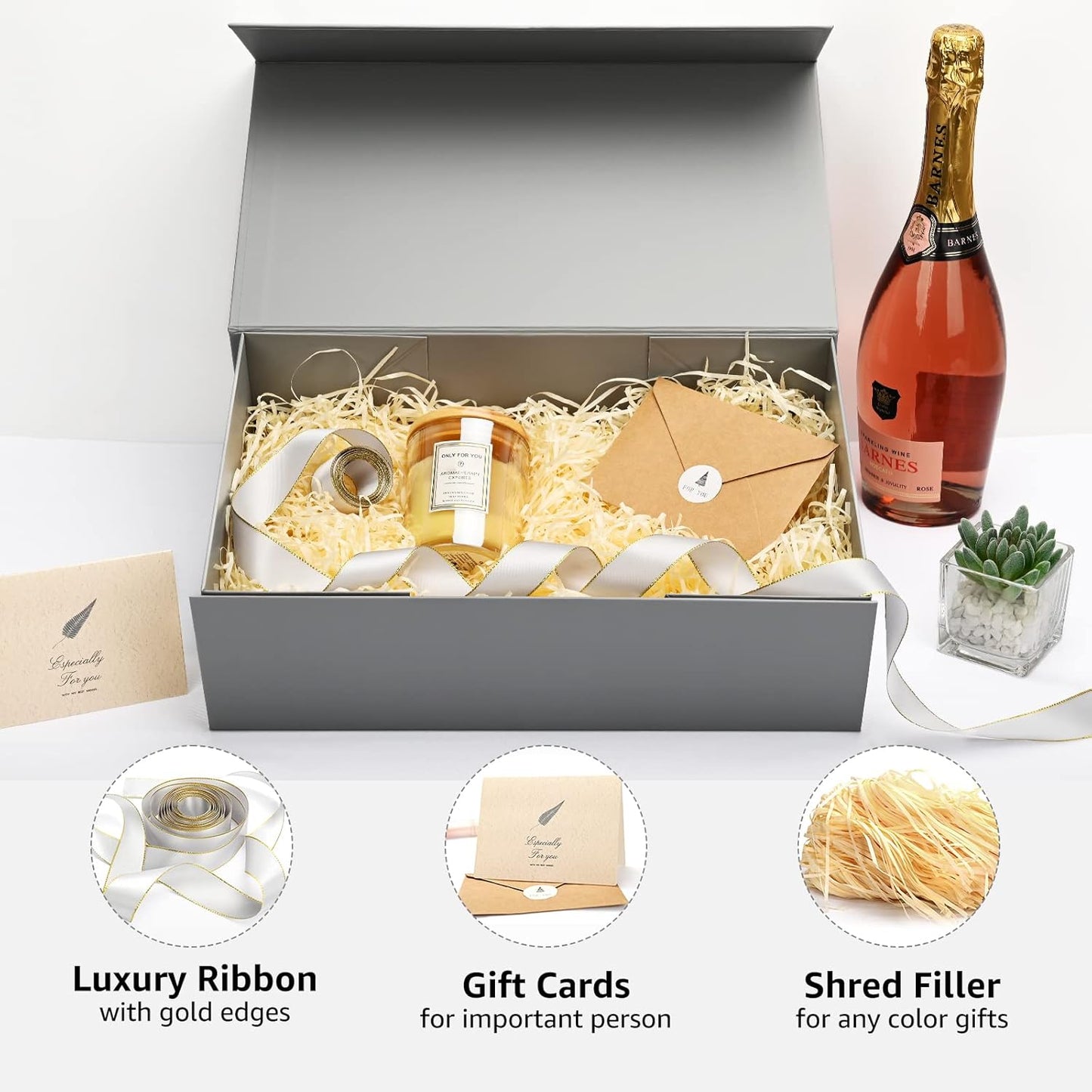 LIFELUM 2 Pack Large Gift Boxes with Lids,13.85 x 8.35 x 4.45 inch Gift Box Rectangle Collapsible Box Groomsmen Gift Boxes with Ribbon, Card, Shredded Paper Filler Gift Boxes for Presents