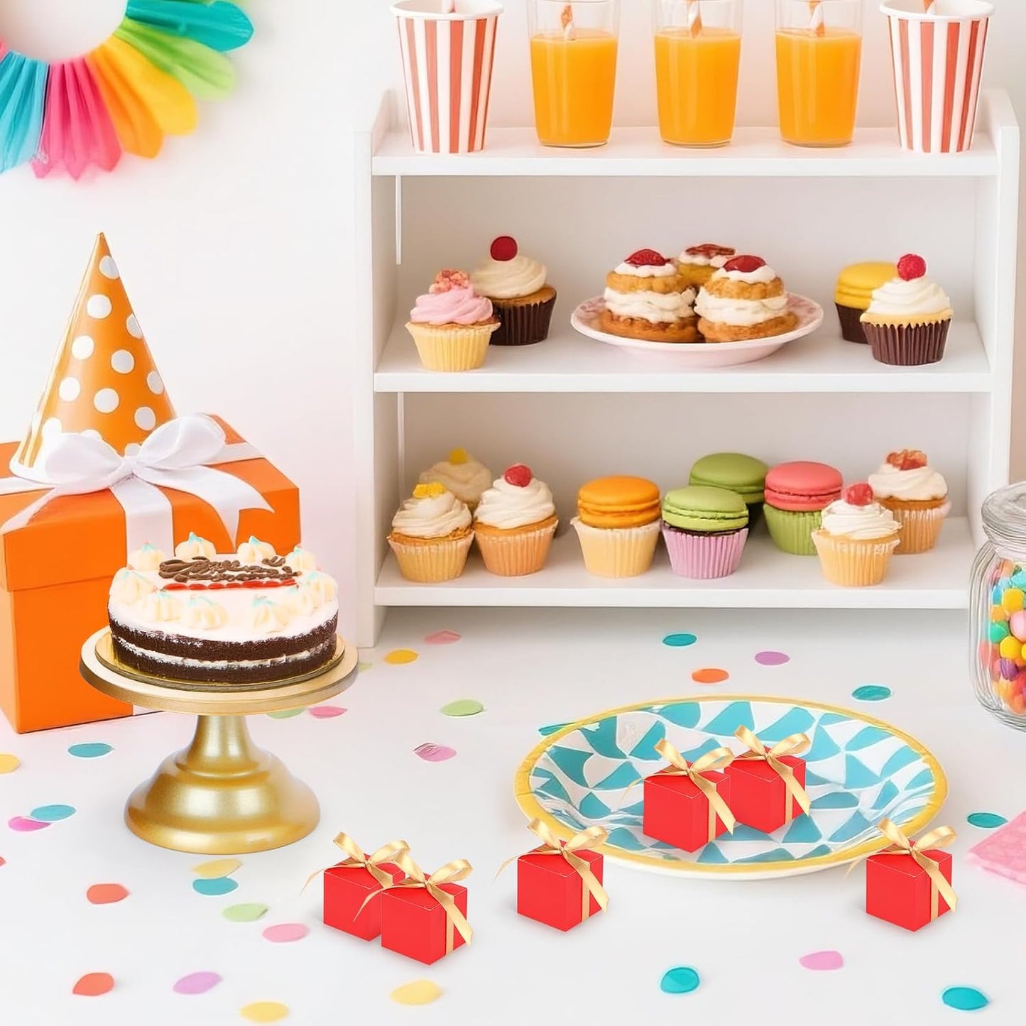 EUSOAR Favor Boxes, 120pcs 2x2x2 Inches Red Small Gift Boxes Candy Box for Party with Gold Ribbon, Mini Cube Soap Box Macaron Chocolate Container for Wedding Birthday Party DIY Favors Supplies