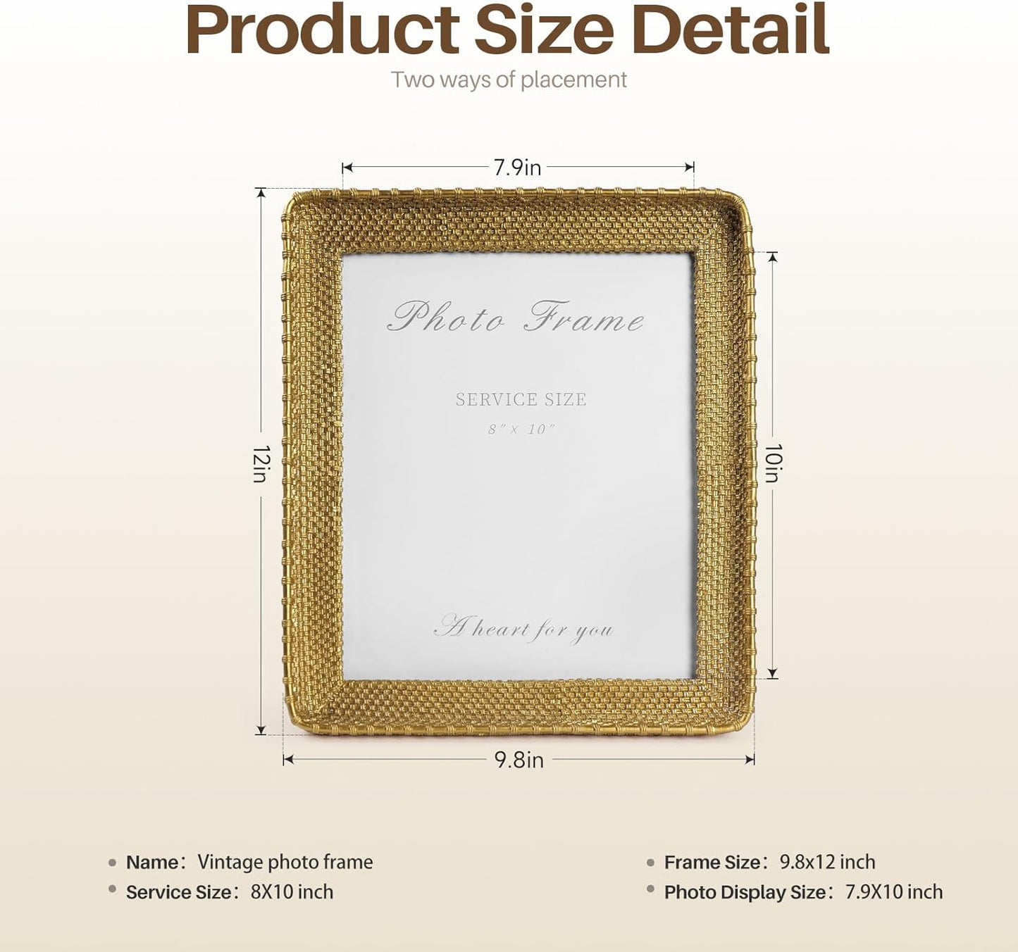 Cuspin 8x10 Picture Frame Gold, Vintage Gold Frames Rattan Textured Hand-Crafted Resin Photo Frame with Glass Front for Tabletop Display & Wall Display, Retro Design Home Decor