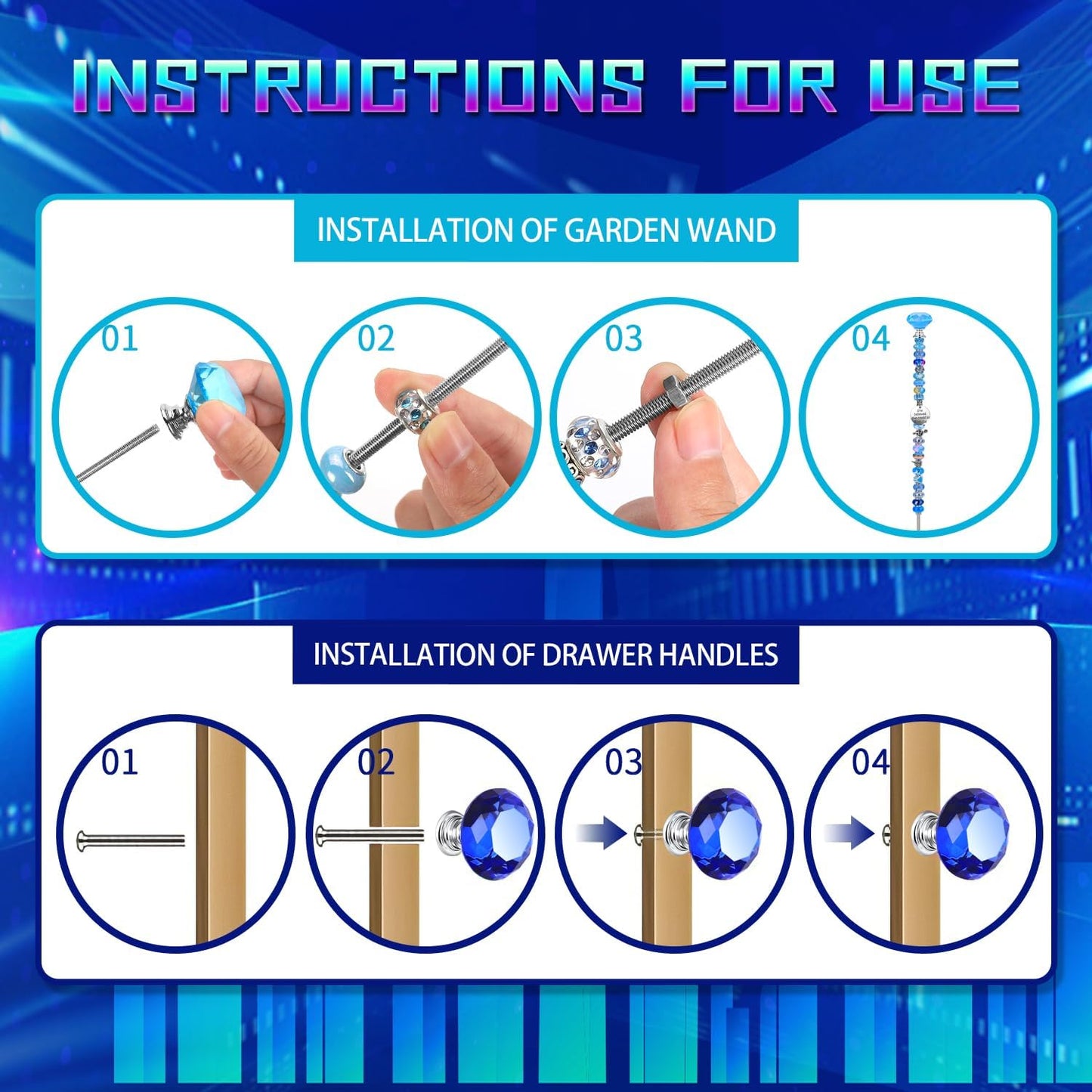 DIY Fairy Wand Garden Beads Stakes Wands Kit,Multiple Color Scheme European Beads Crystal Diamond Tops and 12 or 10 Inch Threaded Rods,Stainless Steel Stakes with Diamond Toppe(Purple+Aqua+Sapphire)