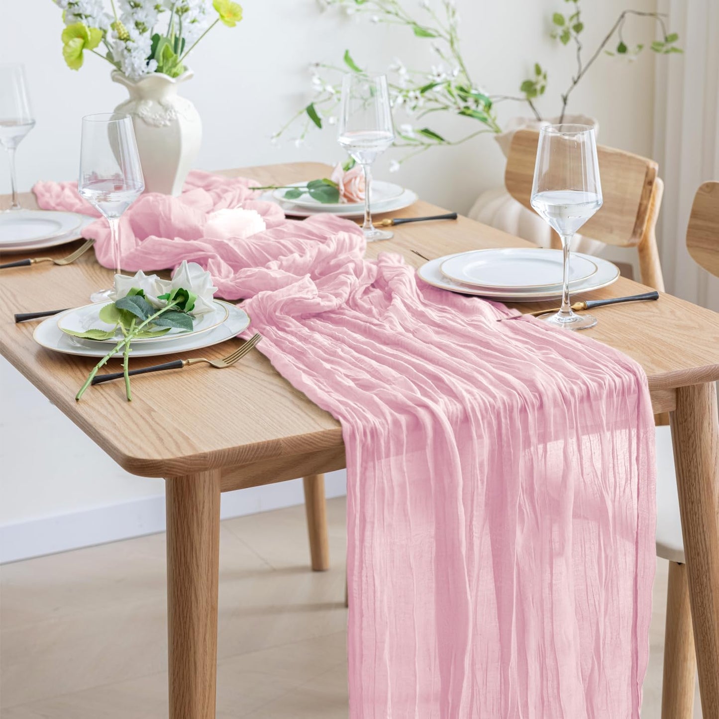 Asee'm 4pcs Cheesecloth Table Runner 120 Inches Blushing Pink Boho Gauze Cheese Cloth Runner 10FT Rustic Sheer Table Runners for Summer Wedding Baby Shower Holiday Party Decoration