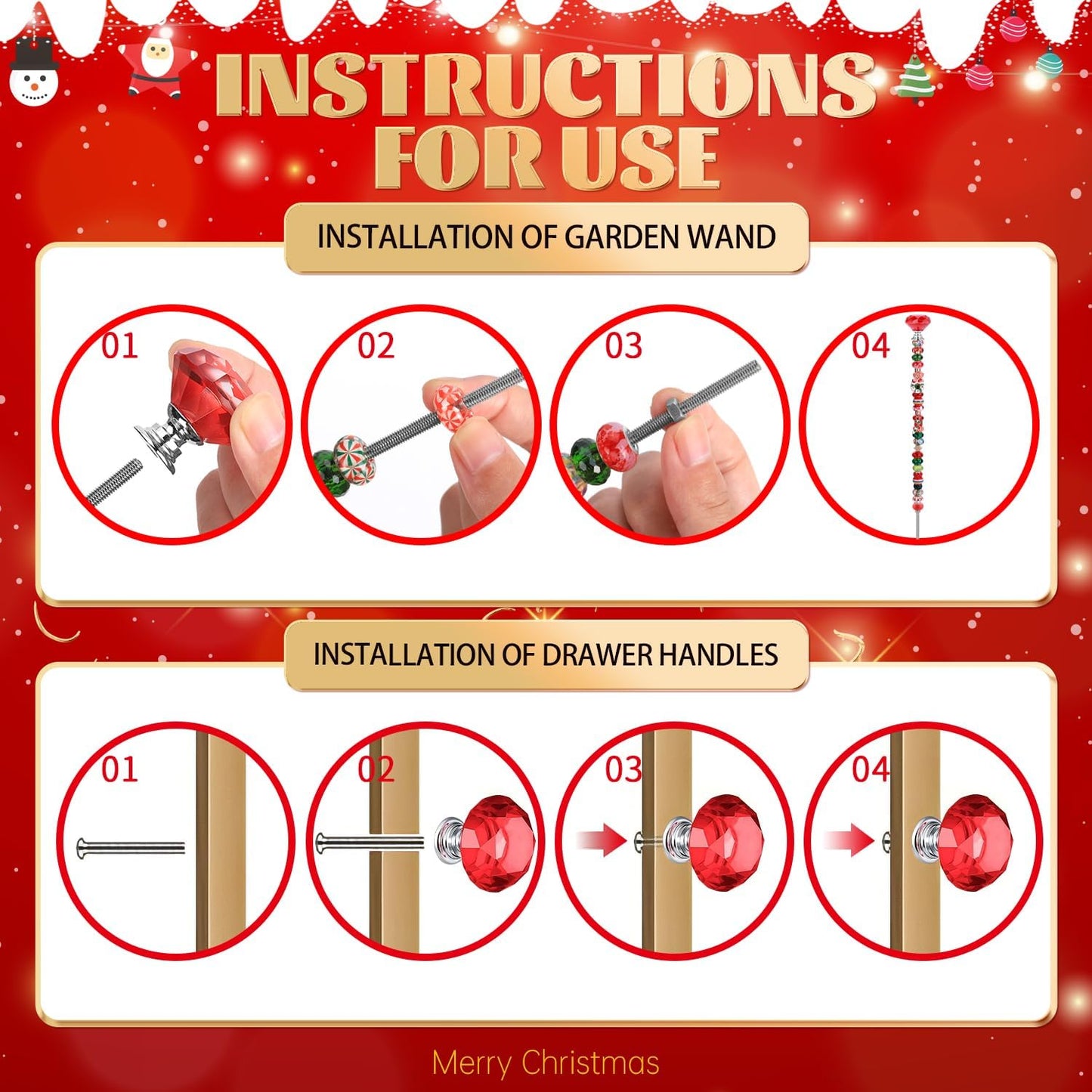 DIY Fairy Wand Garden Beads Stakes Wands Kit,Multiple Color Scheme European Beads Crystal Diamond Tops and 12 or 10 Inch Threaded Rods,Stainless Steel Stakes with Diamond Toppe(red+green+white)