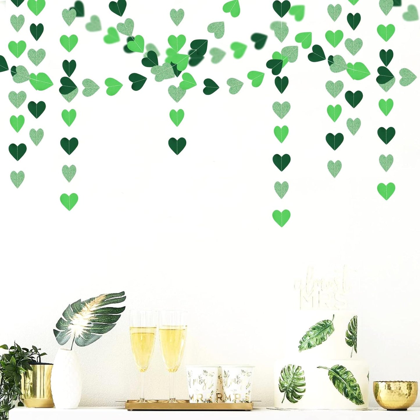 Green Party-Decorations Heart Paper-Garland Streamers-Banner - 52Ft St Patricks Day Decorations, Spring Summer Birthday Wedding Engagement Baby Shower Hanging Decor Ouruola