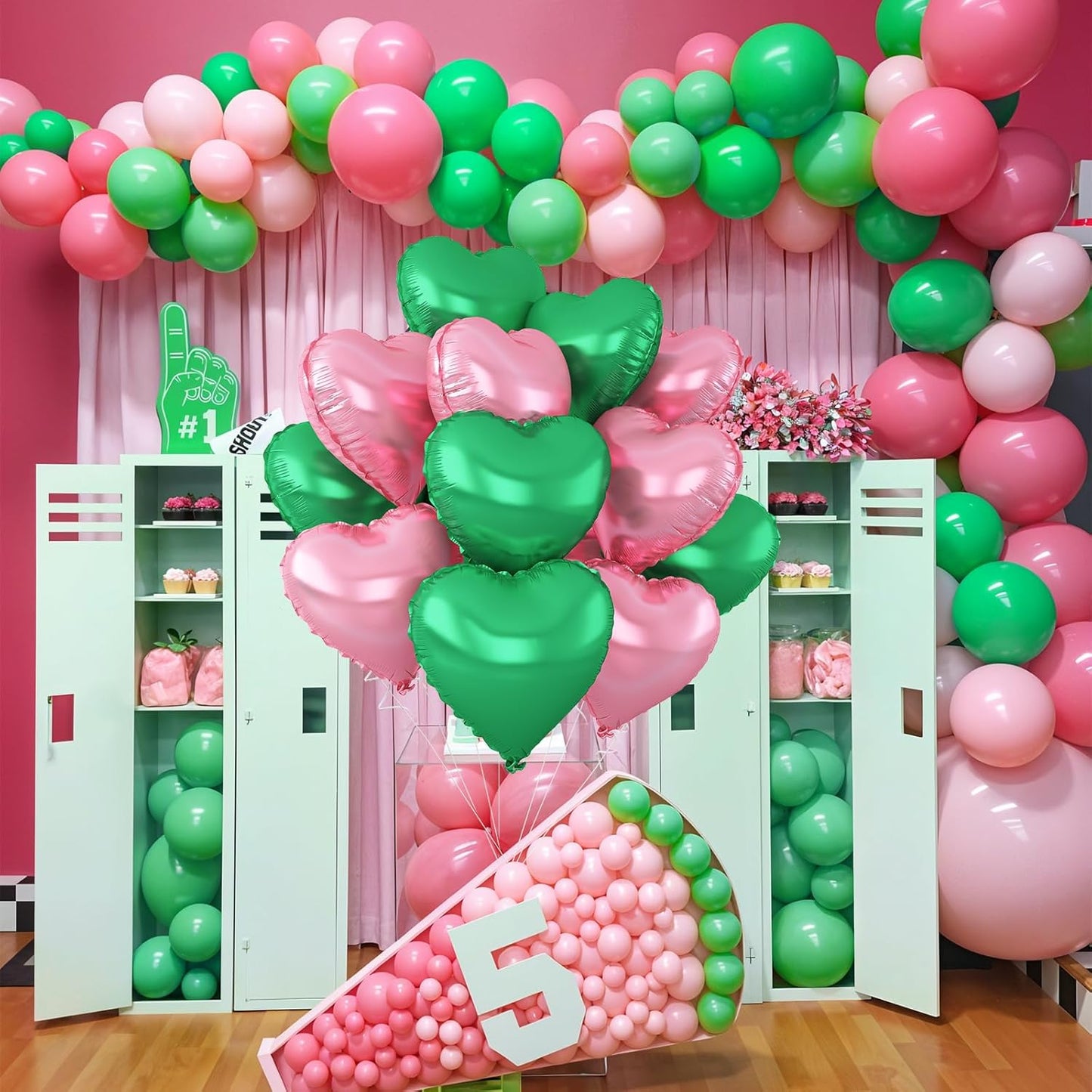 Pink Green Heart Balloons,12Pcs 18Inch Pink Green Heart Shaped Foil Helium Balloons for Witch Themed Birthday Baby Shower Witch Themed Birthday Anniversary Party Decorations