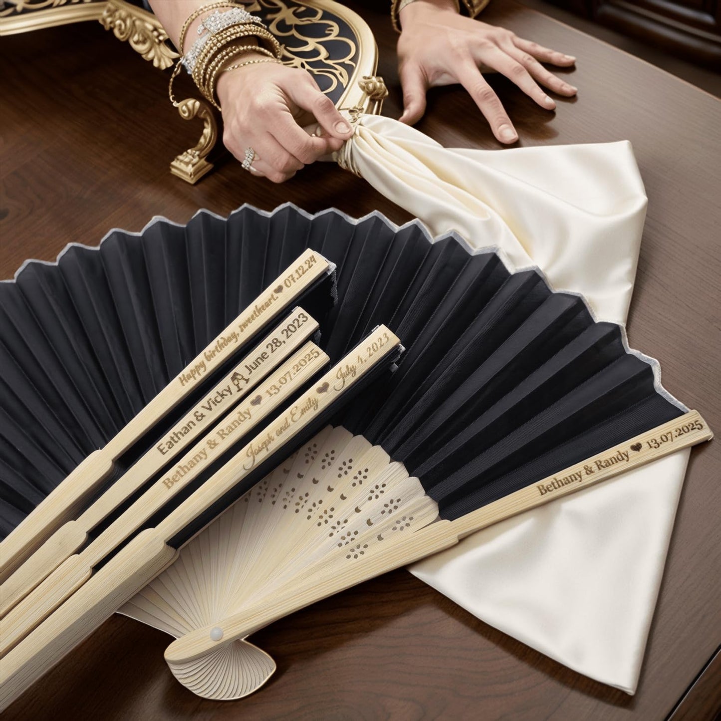 5Pcs Personalized Silk Fans Folding Hand Fan, Custom Wedding Bridal Party Favors, Summer Wedding Bride, Wedding Gift, Thank You Gift (Black)