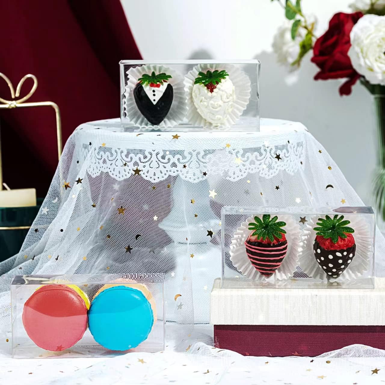 RomanticBaking 50Pack 4 1/2" x 2 1/4"x 2" Clear Chocolate Covered Strawberries Boxes for 2 Macaron Boxes for 4 Bakery Boxes Small Treat Boxes for Wedding Birthday Party