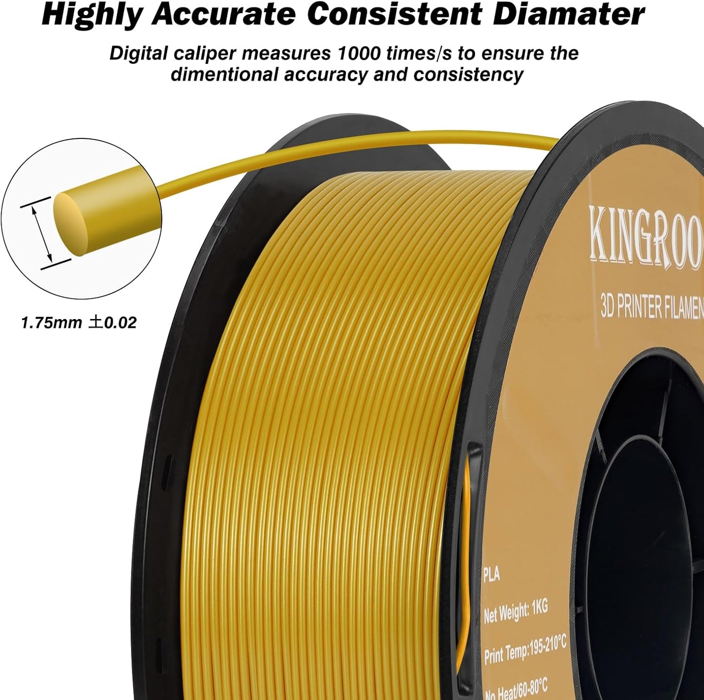 Kingroon PLA Filament 1.75mm 3D Printer Filament Yellow Pla Filament 1kg Filament Dimensional Accuracy +/- 0.02mm, Fit Most FDM Printer,Dark Yellow-Gold