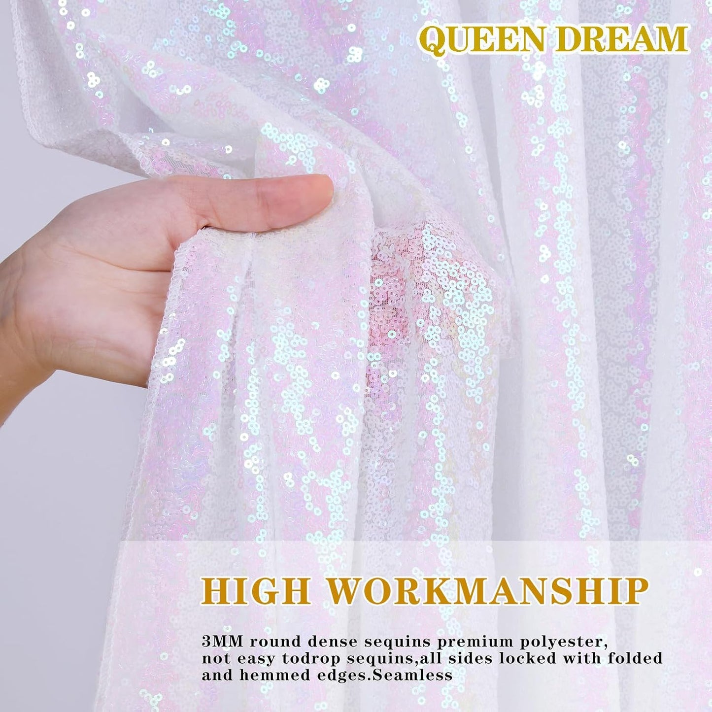 QueenDream Iridescent Mermaid Themed Party Decorations: 90x90 Inch Sequin Table Cloths White Birthday Tablecloth Glitter Fabric Overlay