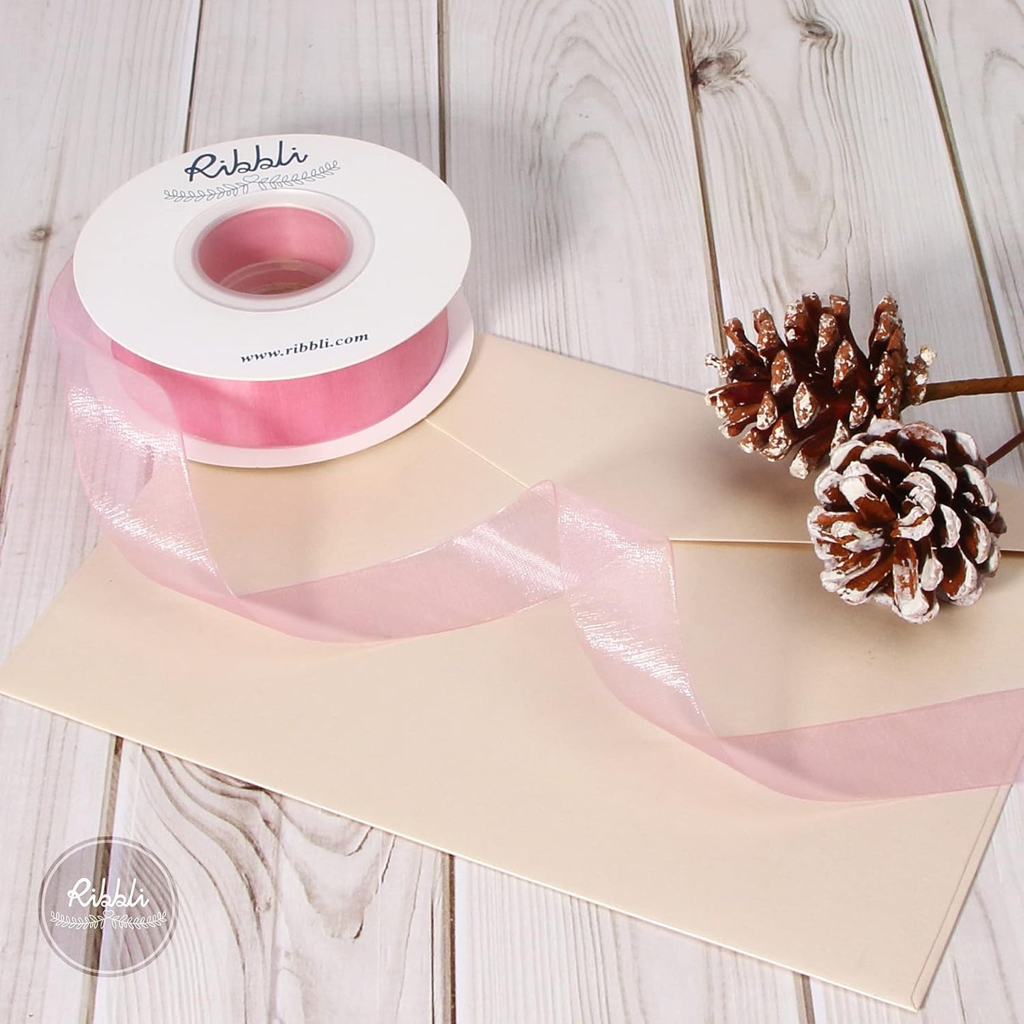 Ribbli Rose Pink Sheer Organza Ribbon,1 Inches x Continuous 50 Yard Use for Gift Wrapping,Bouquet Wrapping,Wedding Decoration,All Crafting and Sewing