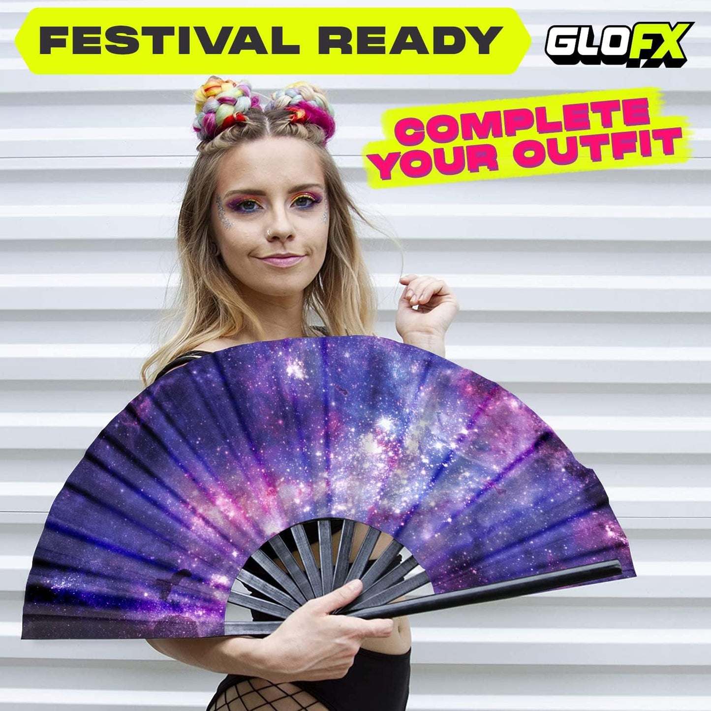 GloFX Folding Fan - Galaxy - Large Rave Clack Folding Hand Fan for Men/Women - for EDM, Music Festival, Club, Event, Party, Dance, Performance, Decoration, Gift