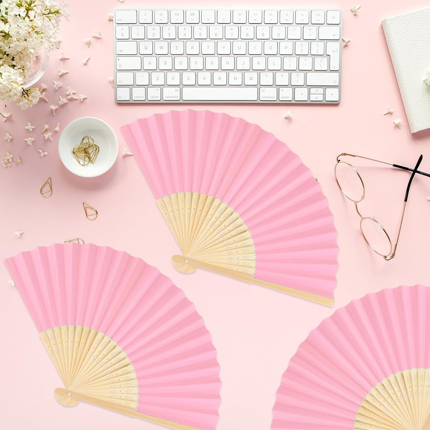 6 Pieces Pink Hand Held Bamboo Folding Fans Foldable Paper Fans Handheld for Women Girls Wedding DIY Decoration Church Home Party Favors Summer