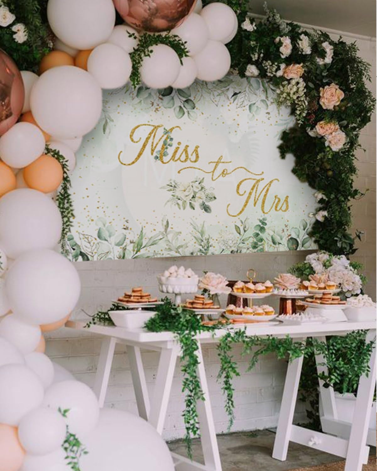 Mocsicka Miss to Mrs Banner Greenery Leave Gold Dots Bridal Shower Party Decorations Banner for Wedding Engagement Bachelorette Party Backdrop for Photography Photo Booth props (Green, 70.8x43.3 inch)