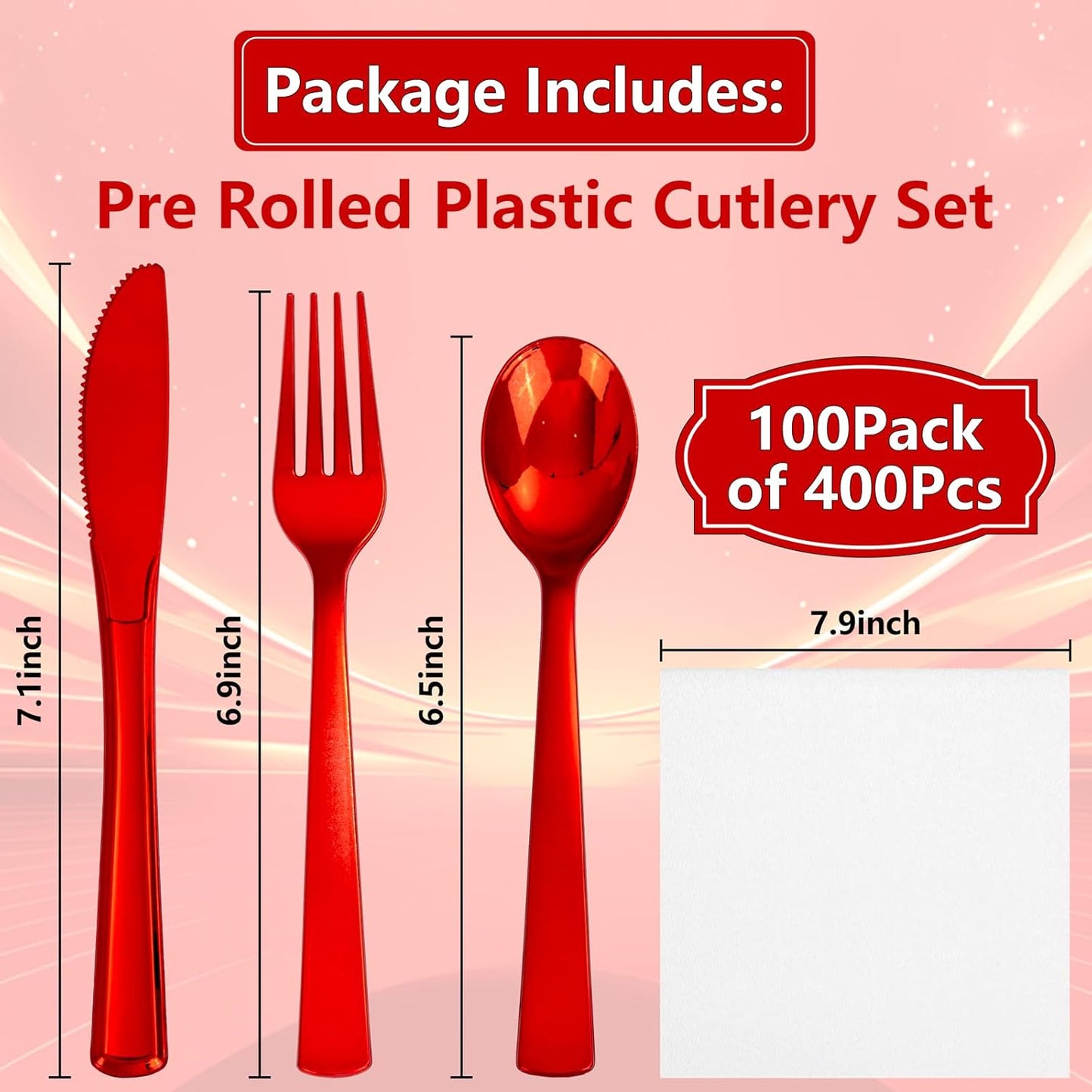 400PCS Pre Rolled Red Plastic Silverware Sets - Heavy Duty Red Cutlery - Include 100 Pack Wrapped Disposable Utensils with Napkins for Christmas Parties & Dinners & Weddings