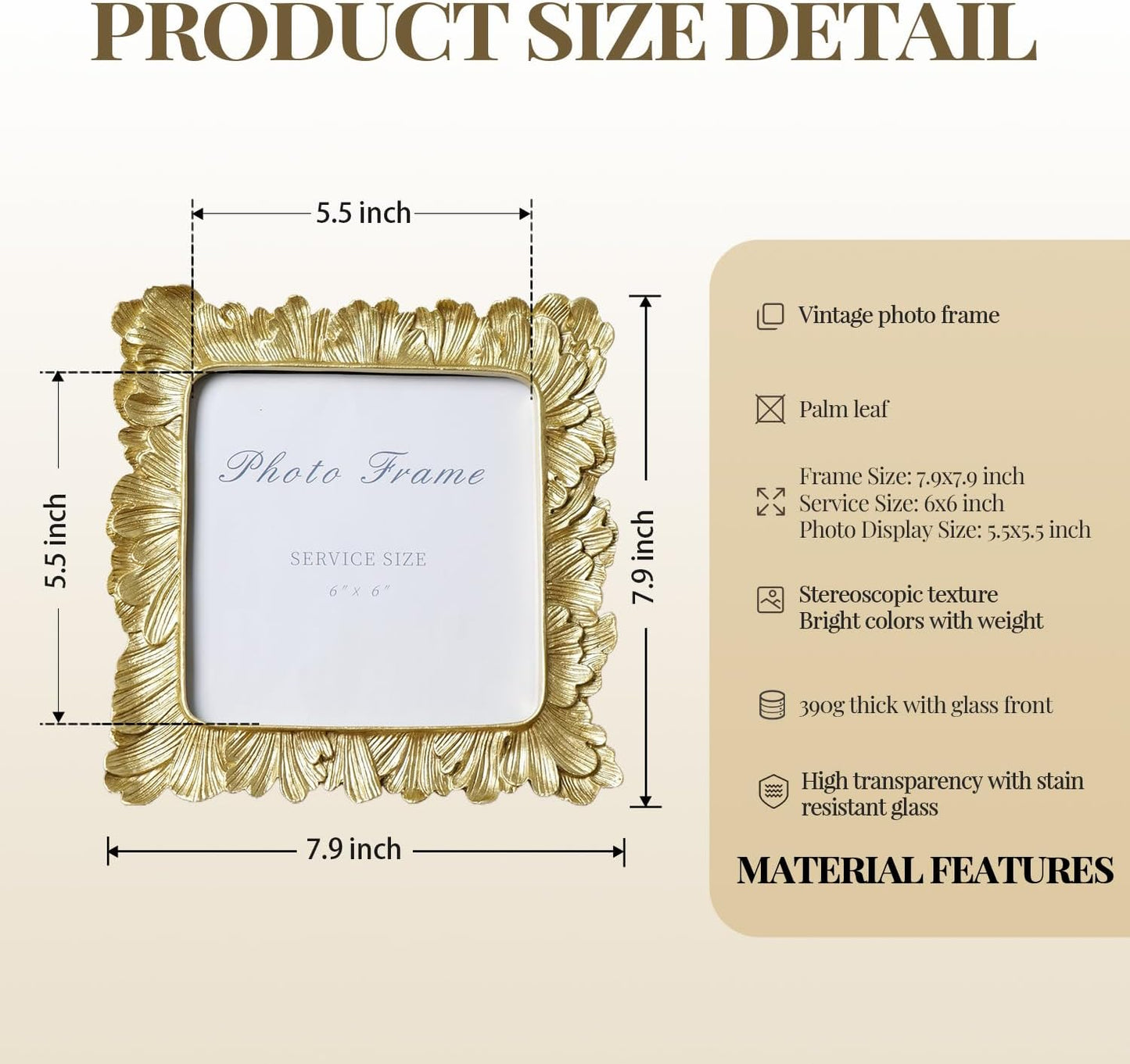 Cuspin 6x6 Gold Picture Frame, Vintage Gold Palm Leaves Textured Hand-Crafted Resin Frames with Glass Front, Retro Square Photo Frame for Wall and Tabletop Display Home Decor