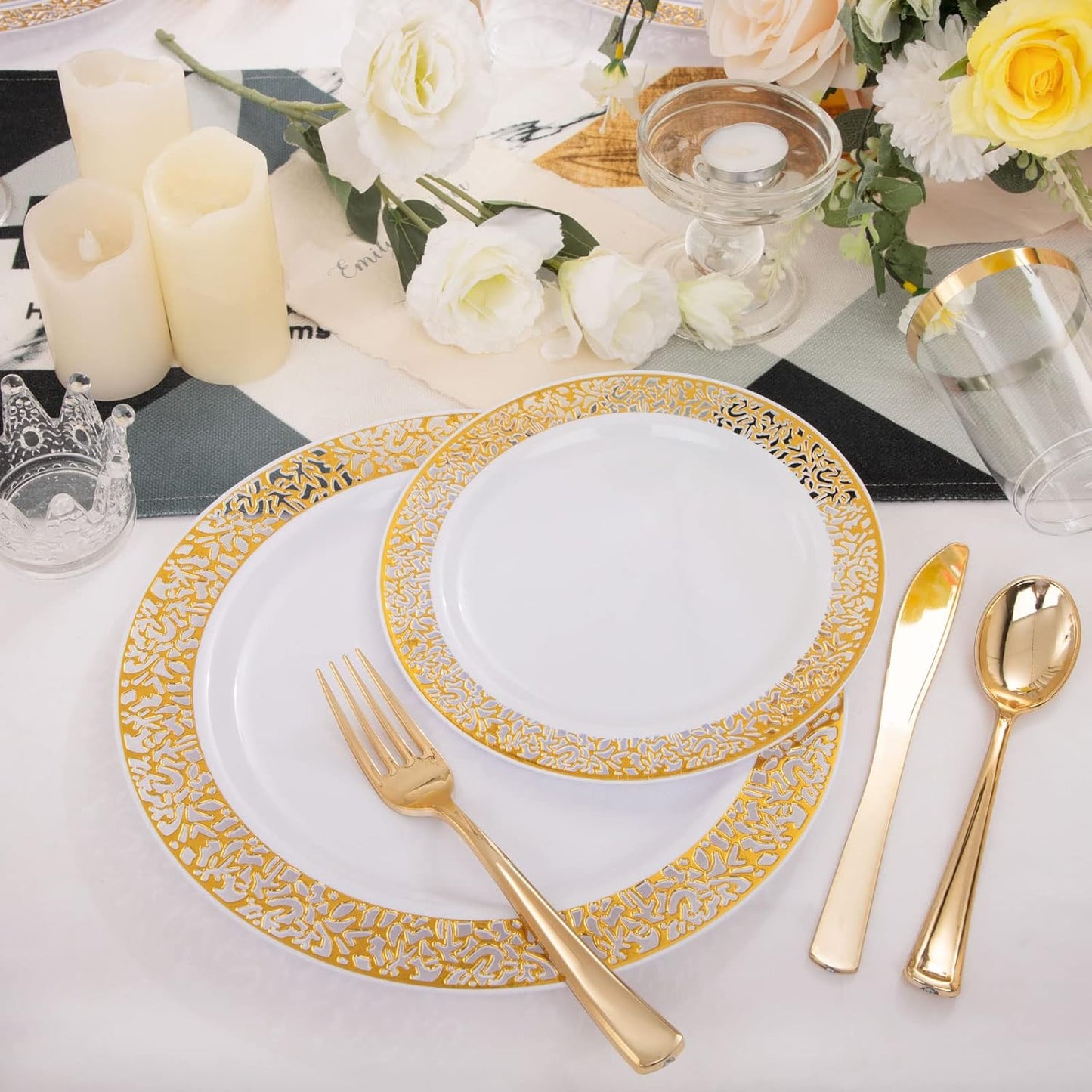 WELLIFE 175 PCS Gold Plastic Plates, Gold Rim Plastic Dinnerware Set, Includes: 25 Dinner plates, 25 Salad Plates, 25 Tumblers 9oz, 50 Forks, 25 Knives and 25 Spoons for Party
